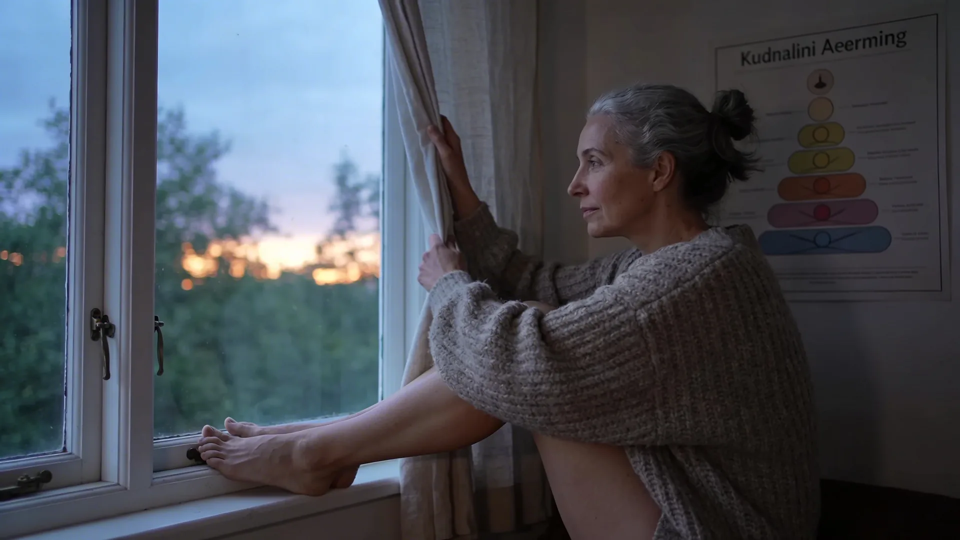 Woman drawing back a linen curtain in a dim hallway, a practical map of kundalini awakening stages visualized as quiet orientation