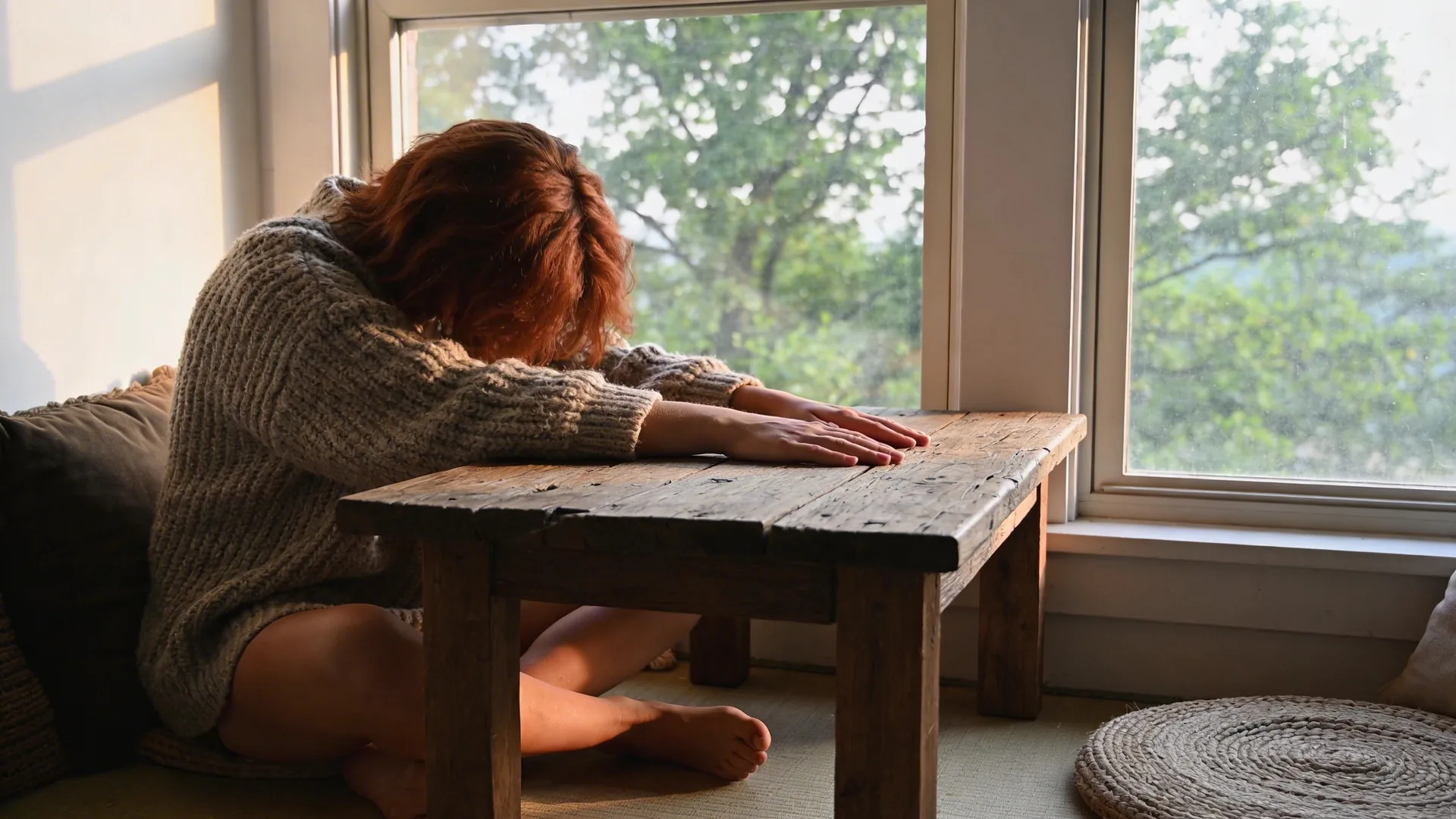 Hands resting palms down on a rough wooden table, the quiet truth underneath kundalini awakening felt through the body