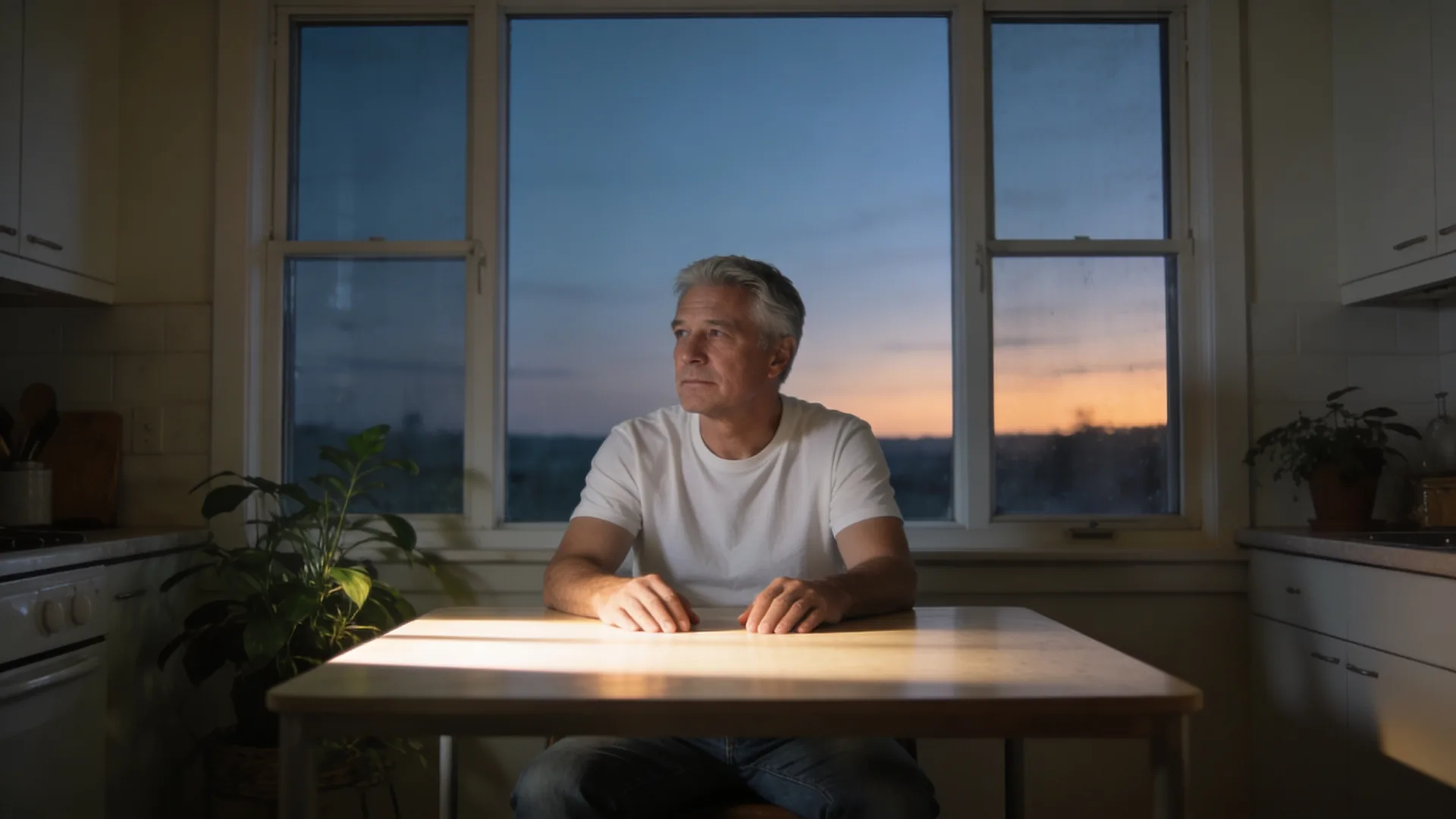 Man standing near rain-streaked window holding inner tension from overwhelming kundalini energy in a quiet living room