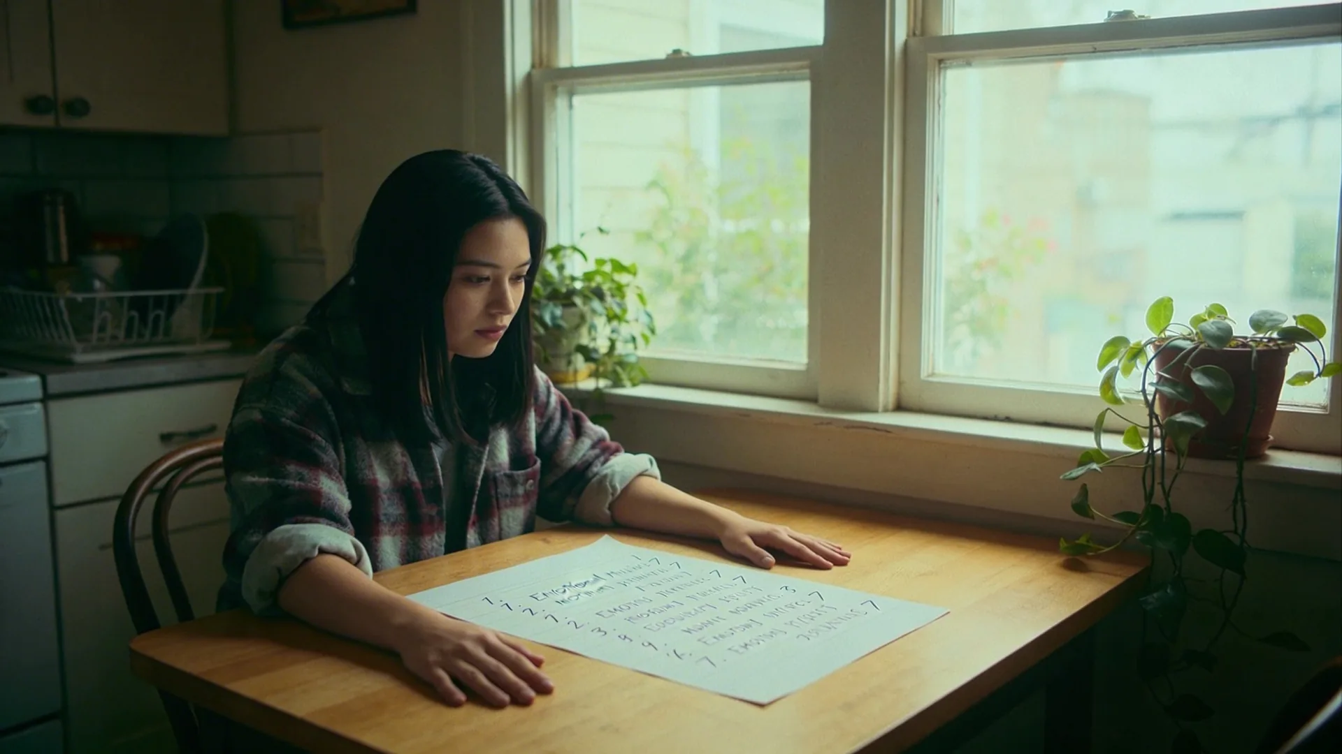 Woman sitting at kitchen table with hands flat on wood, reflecting on a list of emotional manipulation tactics in morning light