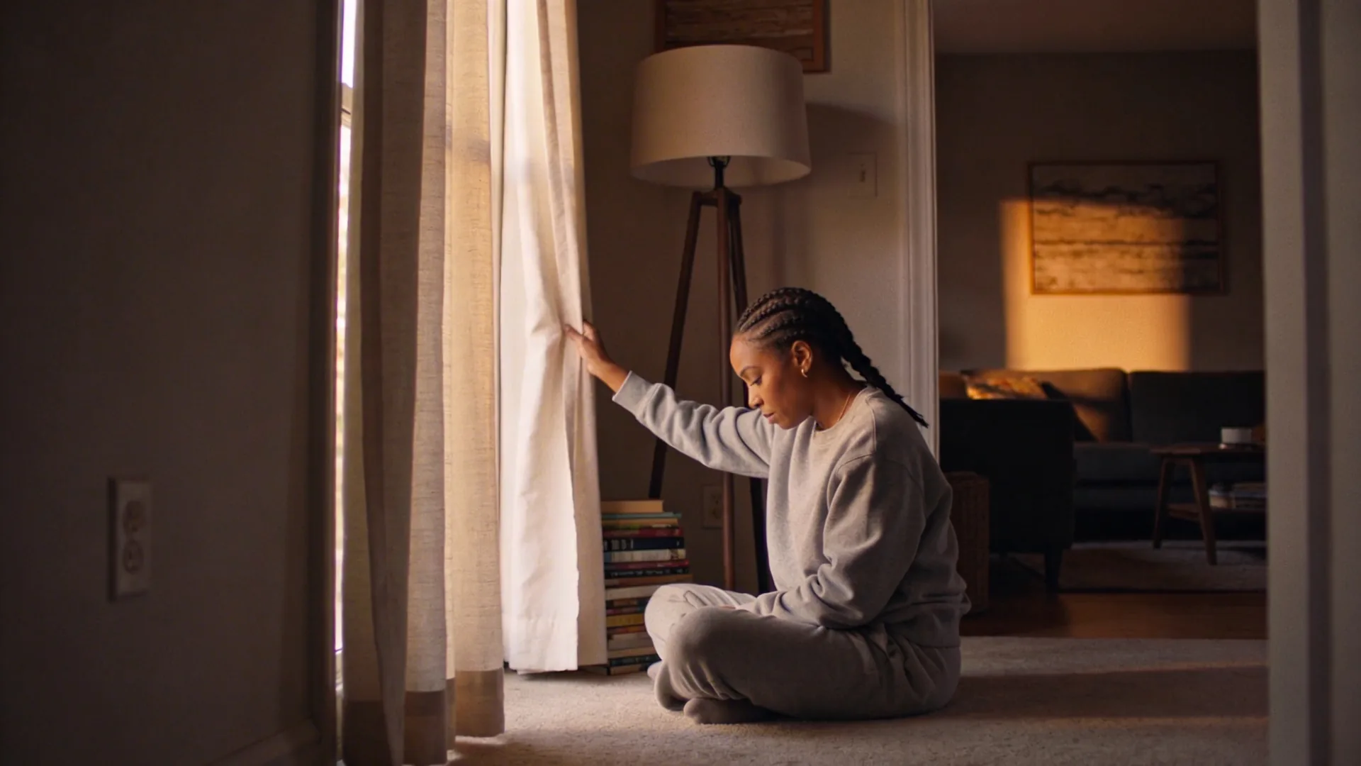Man pulling back a curtain to let light into a dim living room, showing what changes after naming the pattern