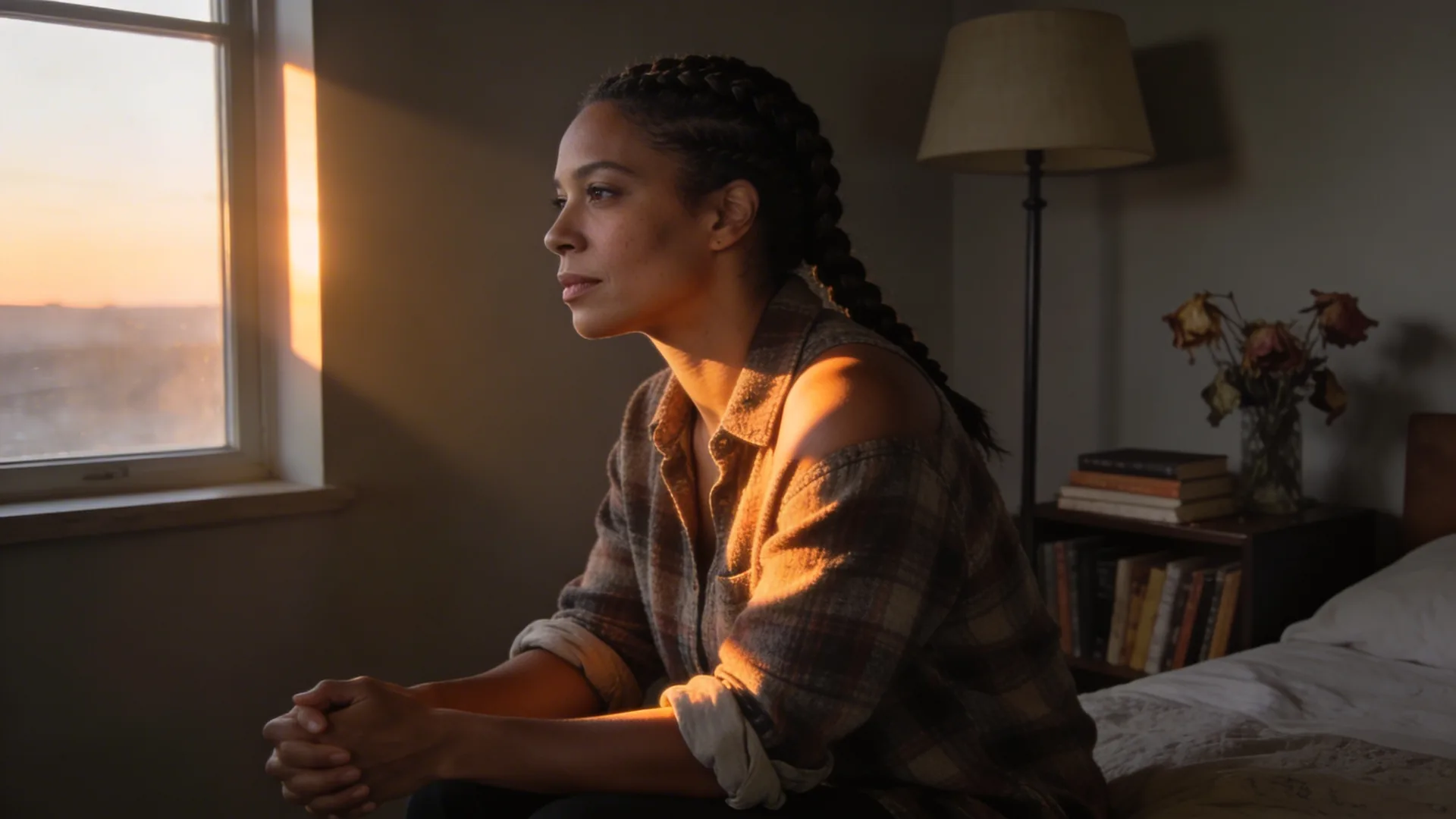 Woman sitting on bed edge at dawn with wilting flowers on nightstand, capturing the tension of love bombing