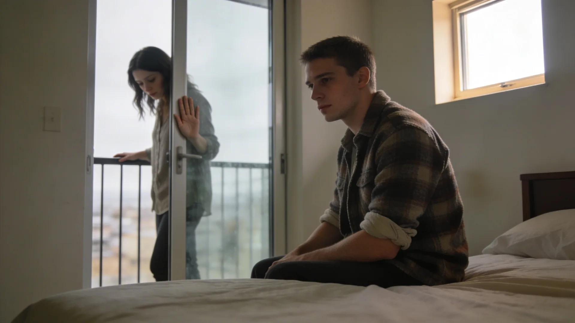 Man pressing hand against glass balcony door looking downward, showing the body processing clarity after love bombing