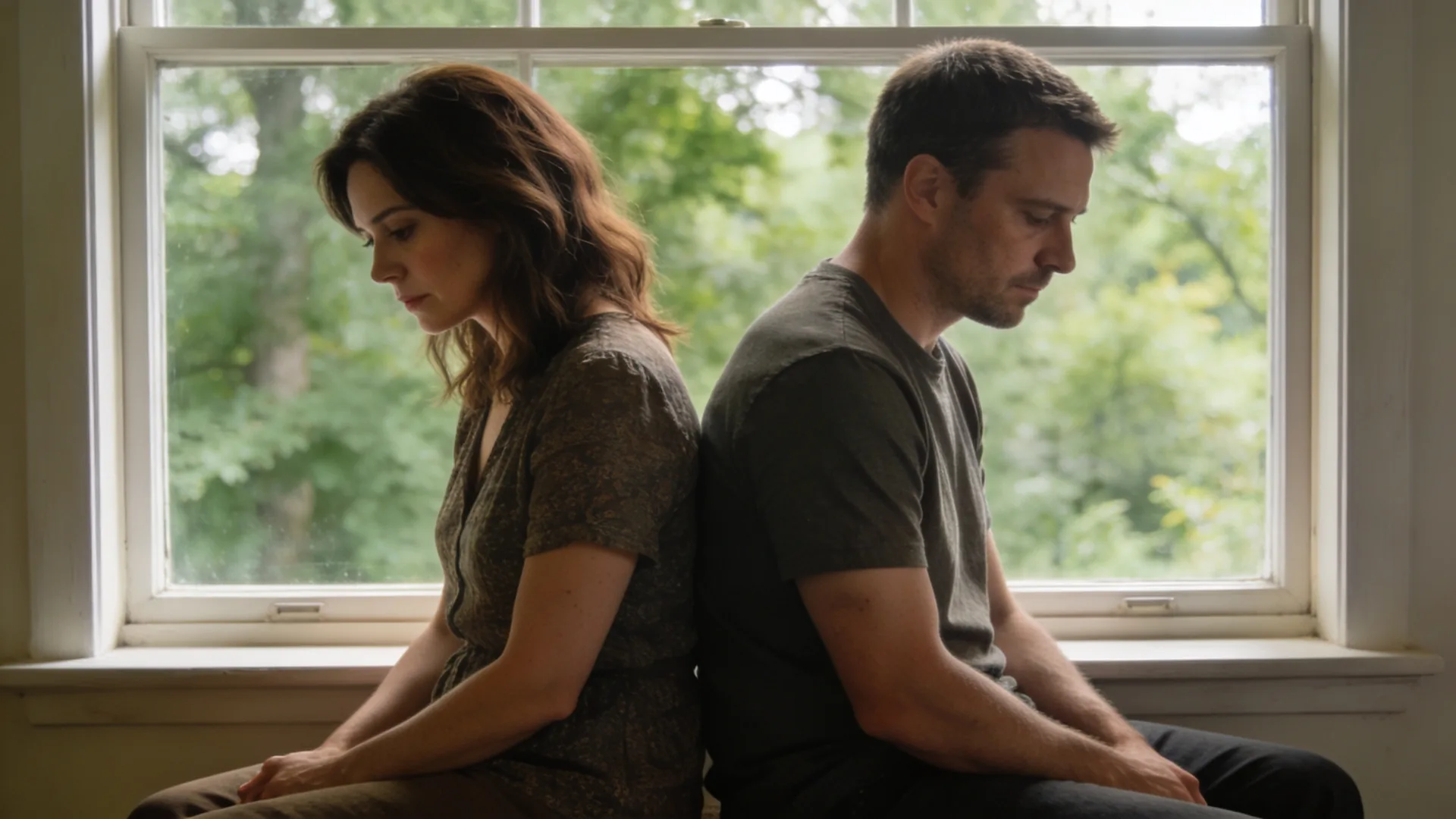 Two people sitting quietly together on a kitchen bench with visible back and posture, finding calm after love bombing