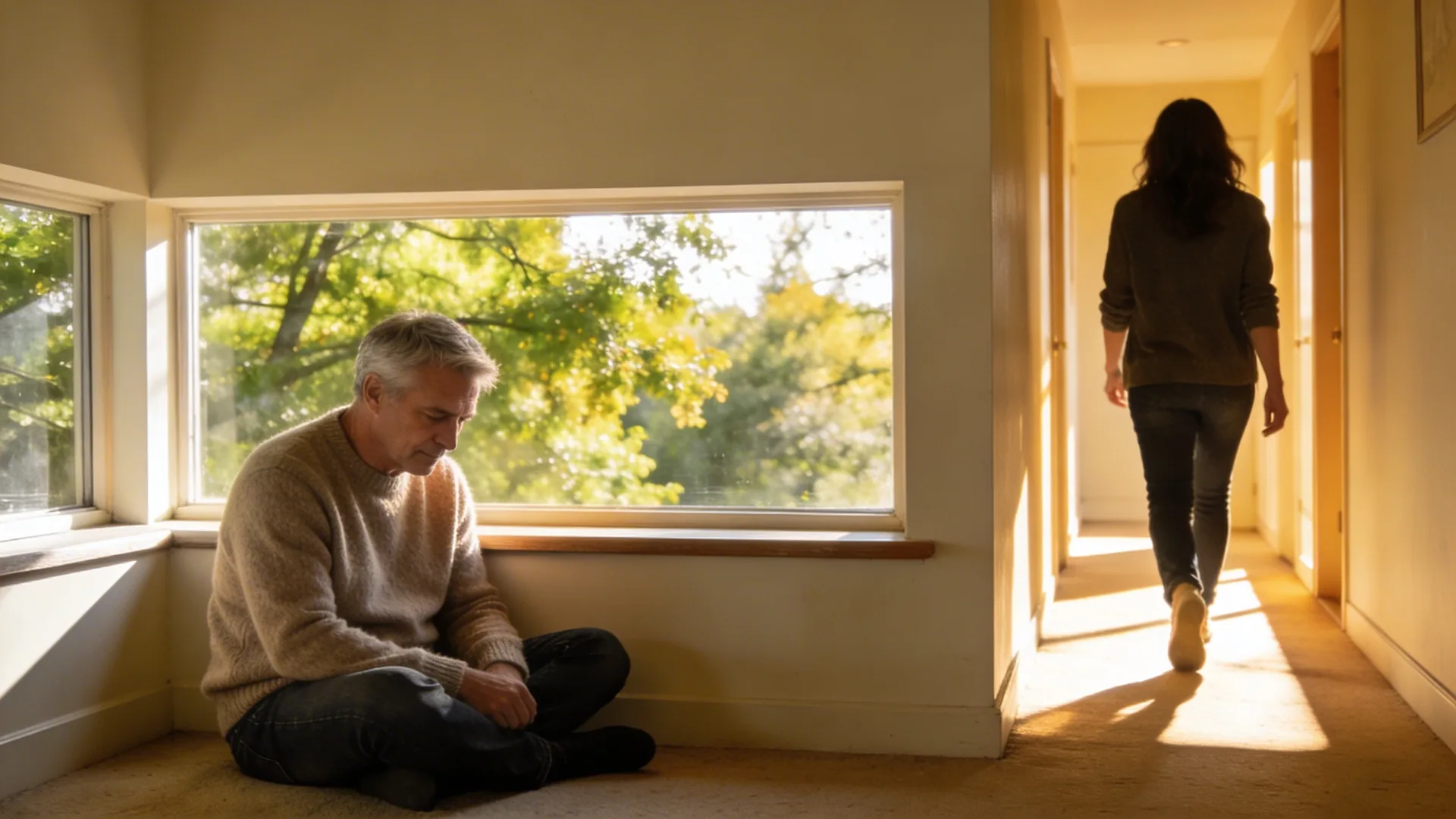 Man walking slowly through a sunlit hallway seen from behind, body moving forward after recognizing love bombing
