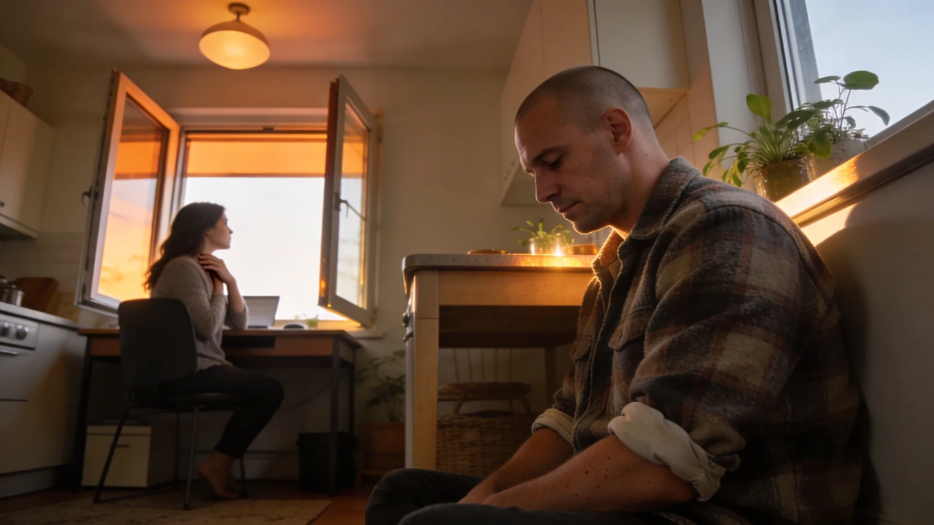 Woman touching her throat while sitting at desk looking toward open window in warm evening light