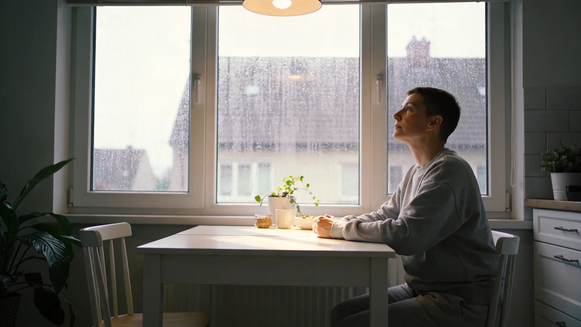 Man experiencing a midlife crisis sitting alone in a window seat looking through rain-streaked glass in a quiet living room