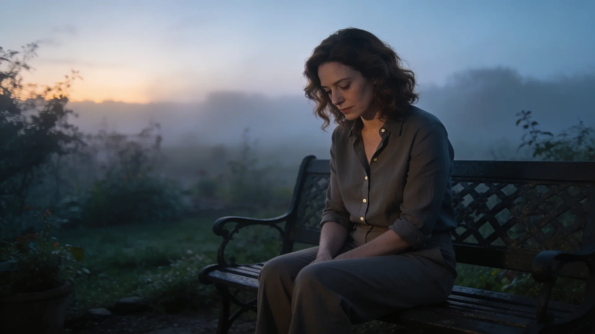 Woman sitting alone on garden bench in misty morning light reflecting midlife crisis meaning