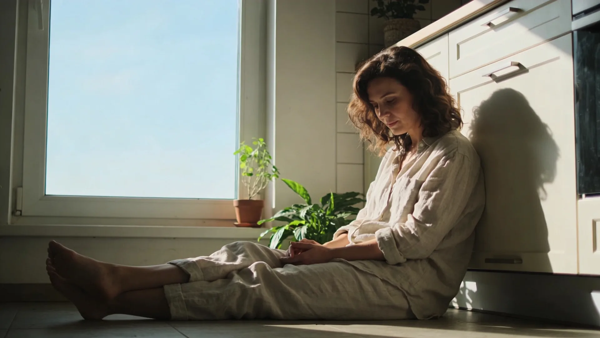 Man leaning in doorframe between dim interior and daylight feeling why midlife feels intense when life looks fine