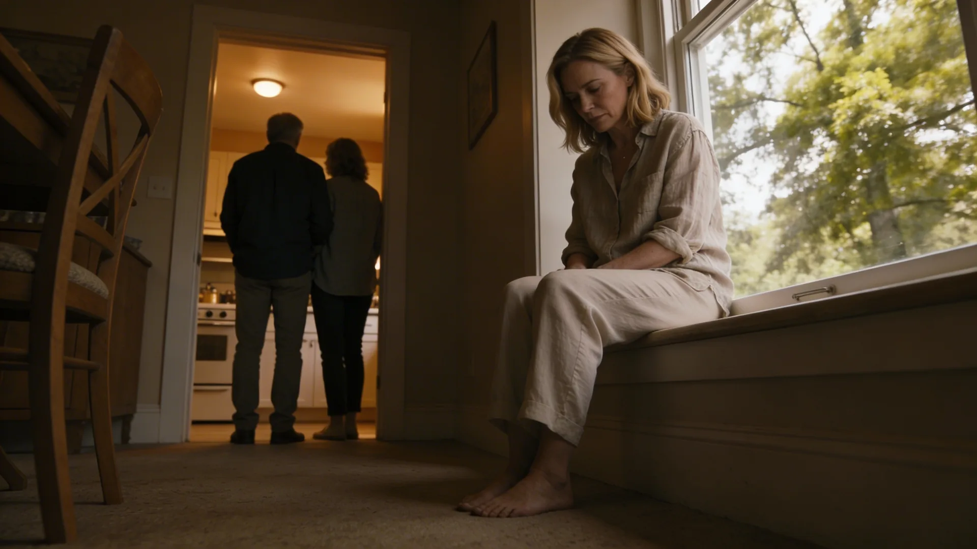 Two people standing quietly in a kitchen doorway sharing stillness after what changed and softened at midlife