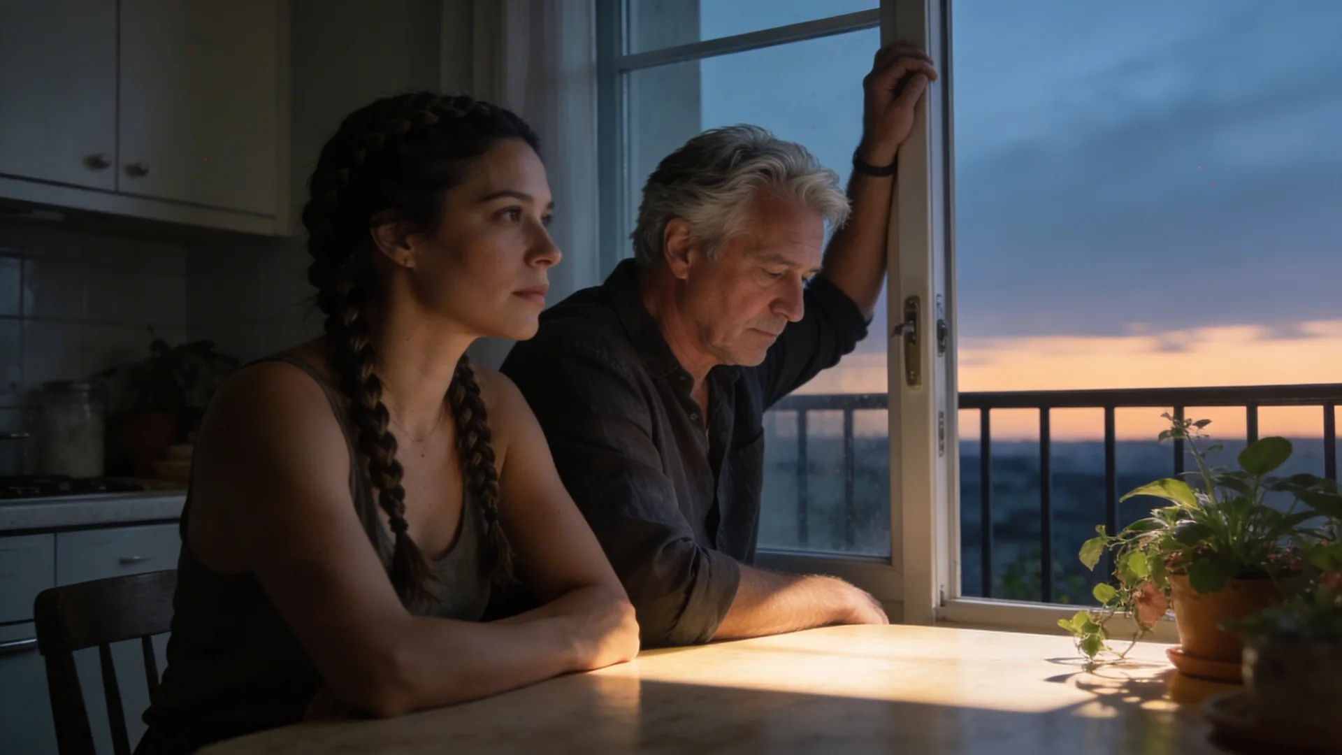 Man leaning against balcony doorframe eyes downcast as soft light enters showing mindful parenting pause