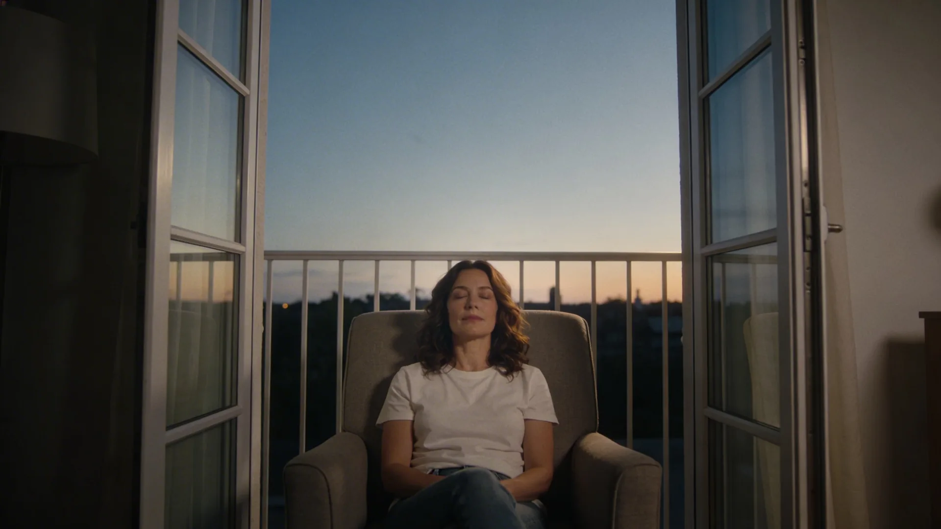 Woman at balcony doorway with eyes closed, soft light on her face, grounded practice during grief spike