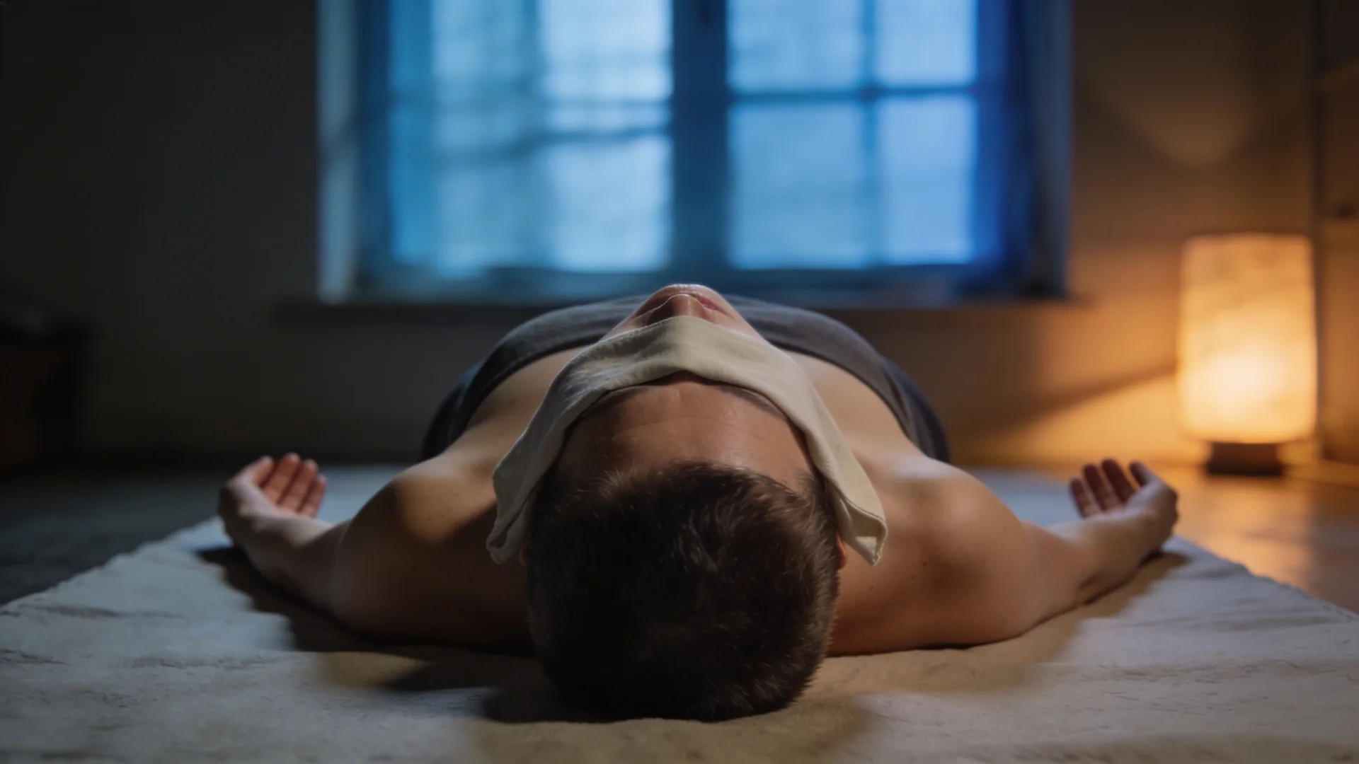 Woman lying on wooden floor in Feeling Session posture with palms down and eyes covered showing what shifts after practice