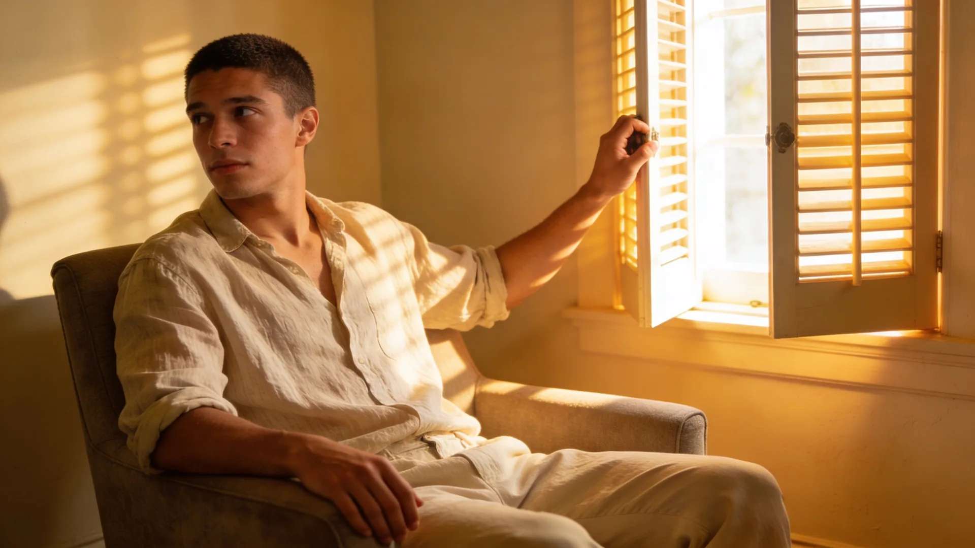 Hand pushing open casement window letting warm light into dim room, patterns that keep recreating invisibility