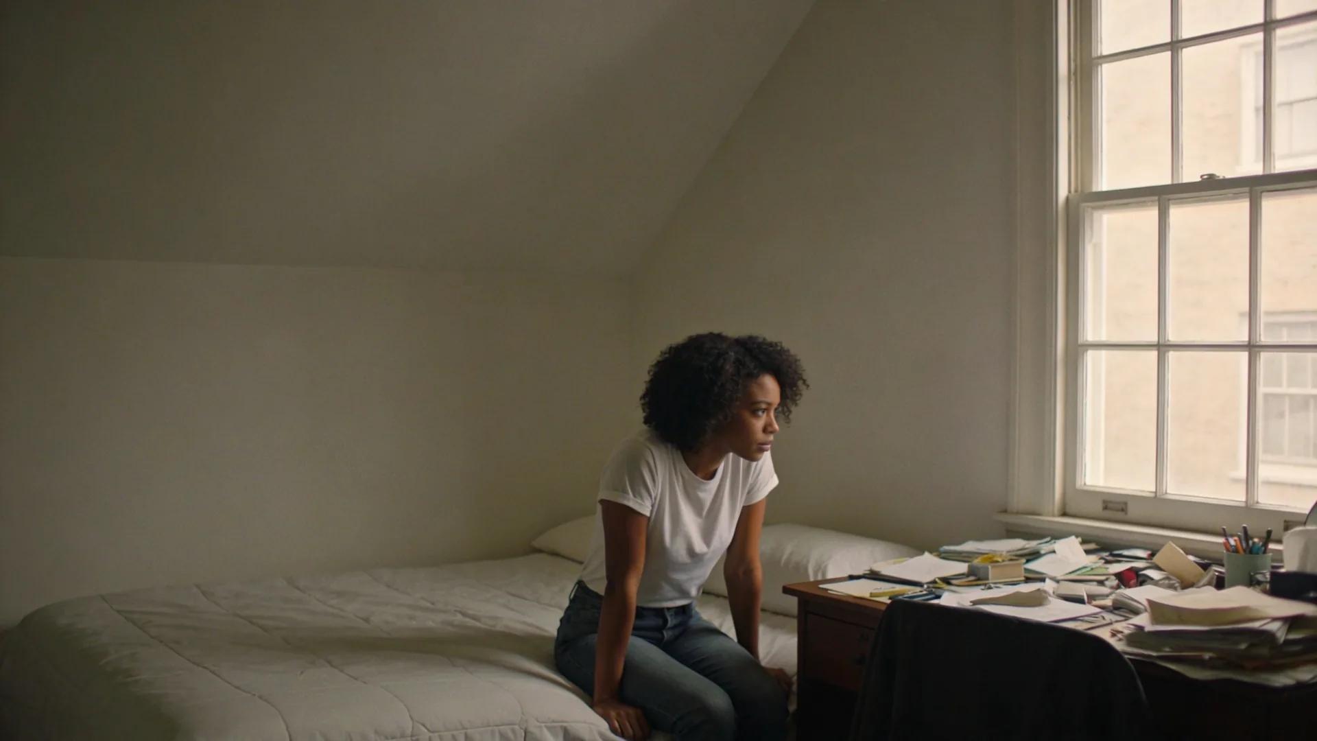 Woman pausing at cluttered desk near window, body releasing tension, embodying non dual awareness in daily life