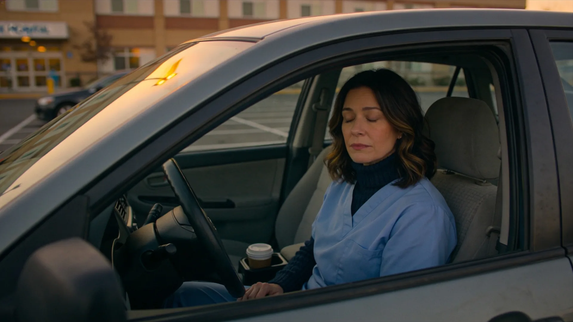 Nurse burnout — seated in a parked car in a hospital lot at dusk, hands on the wheel, eyes closed in pale blue scrubs