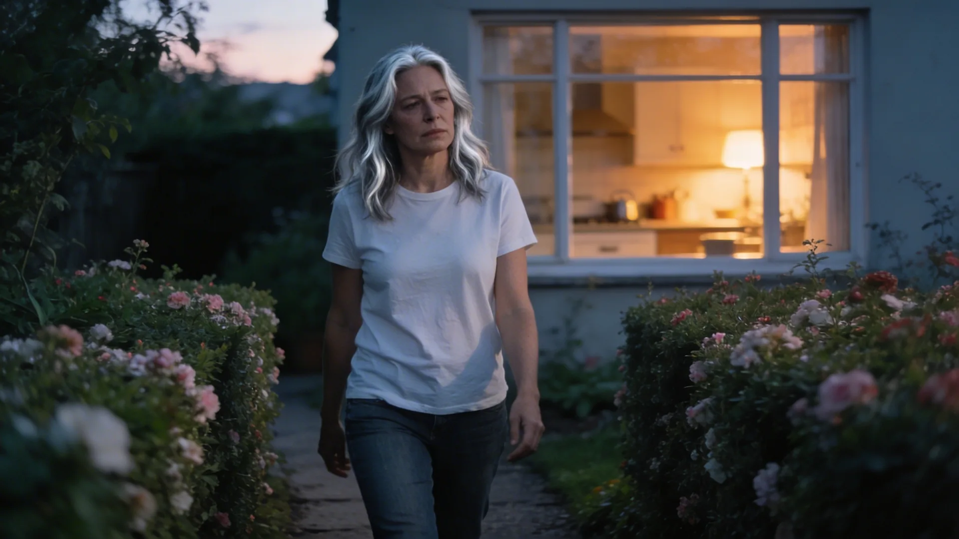 Woman experiencing parenting burnout standing at a rain-streaked kitchen window seen from behind in soft morning light