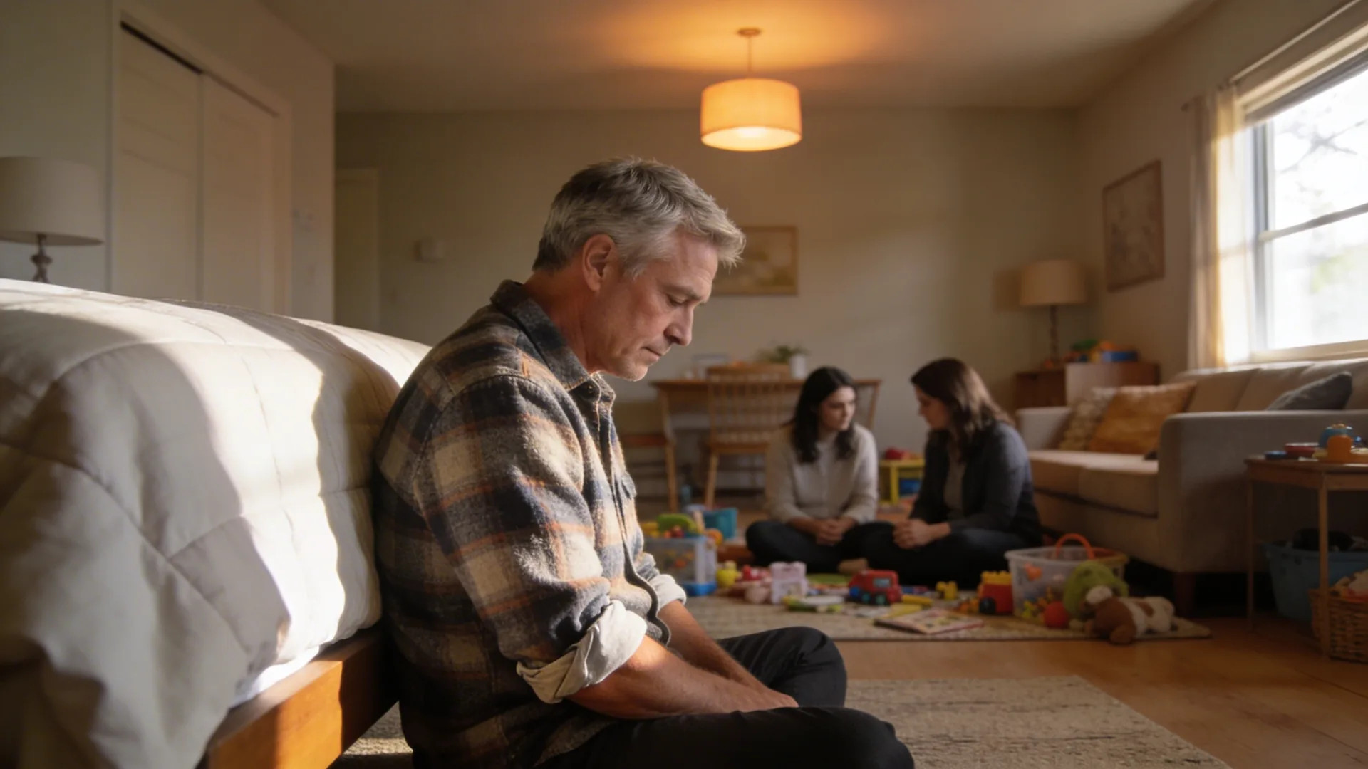 Two parents sitting quietly together on living room floor surrounded by children's things during a 10-minute parenting burnout reset