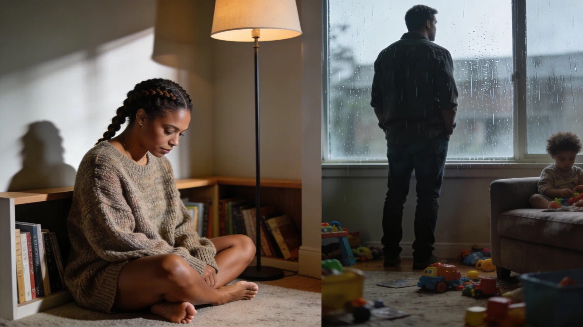Father standing at rain-streaked window in living room with scattered toys, reflecting on problems with gentle parenting