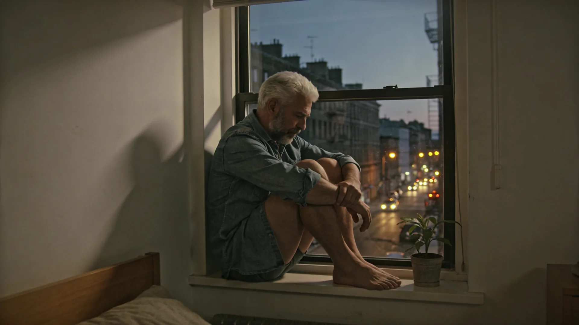 Quarter life crisis — seated on a studio apartment windowsill in early evening, knees drawn up, city lights coming on