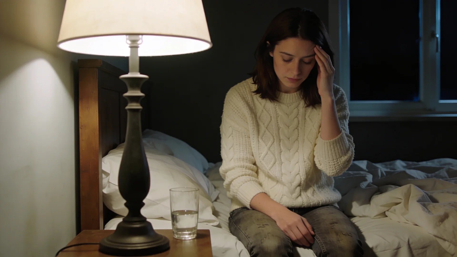 Racing thoughts at night — sitting up in bed at 2:30 AM with the bedside lamp on, head bowed