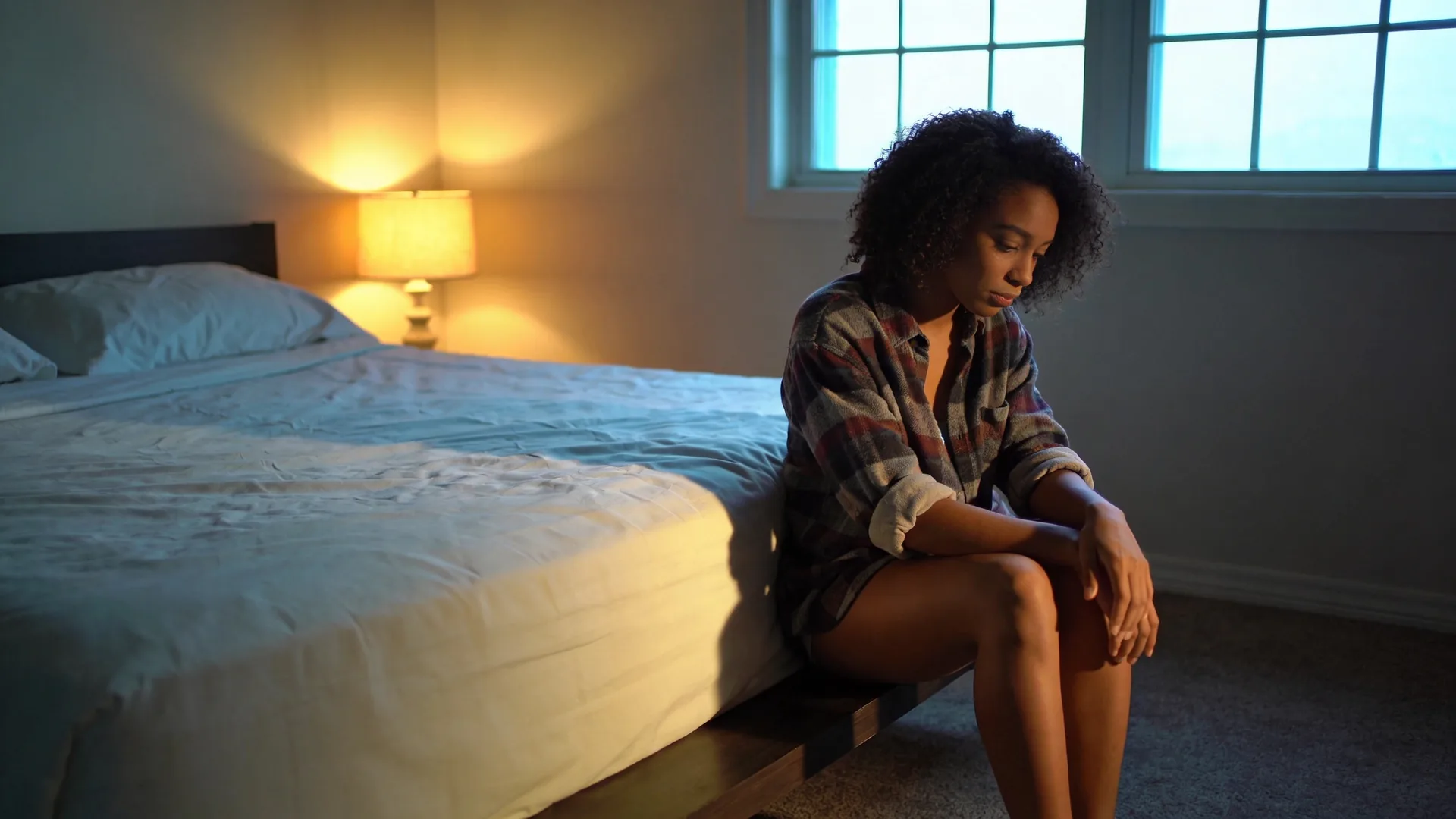 Woman sitting on bed edge in dim dawn light, shoulders inward, facing away, quiet with racing thoughts at night ending