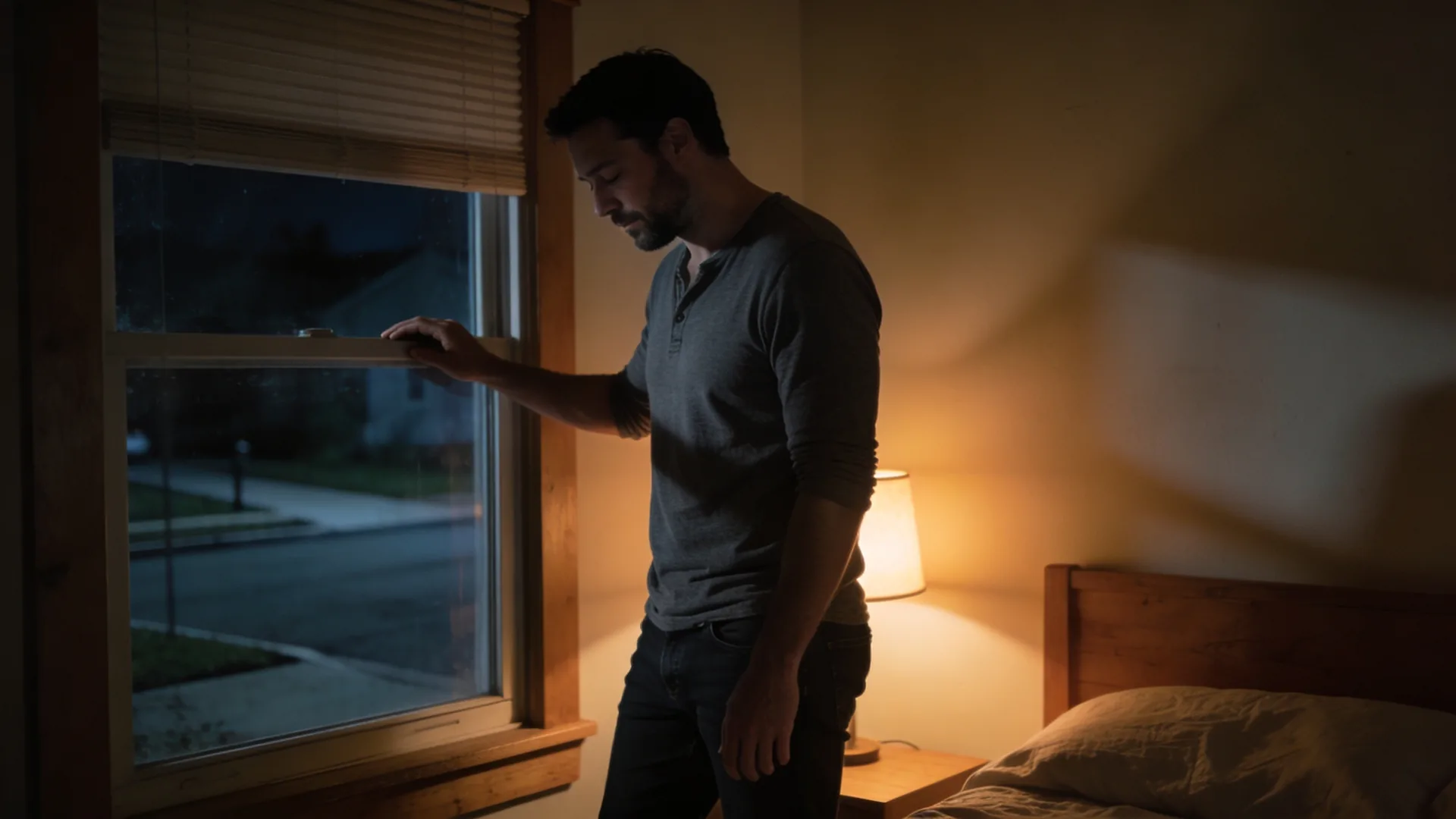 Racing thoughts at night — standing at a bedroom window in the middle of the night, hand on glass, looking at quiet street