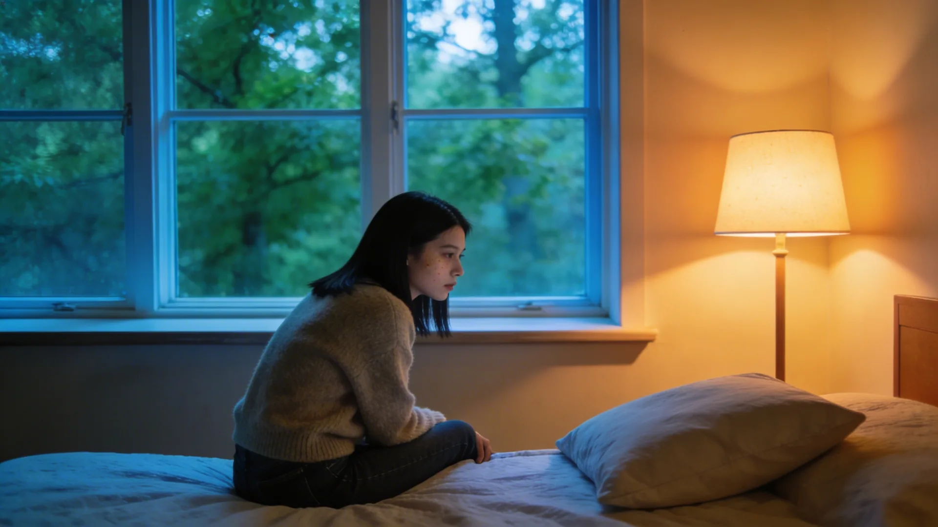 Woman sitting on bed edge turned toward empty pillow experiencing relationship anxiety in soft morning light