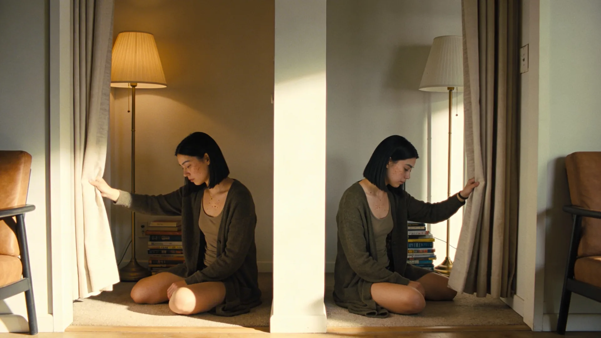 Woman pulling back a hallway curtain stepping into light after practicing with relationship anxiety