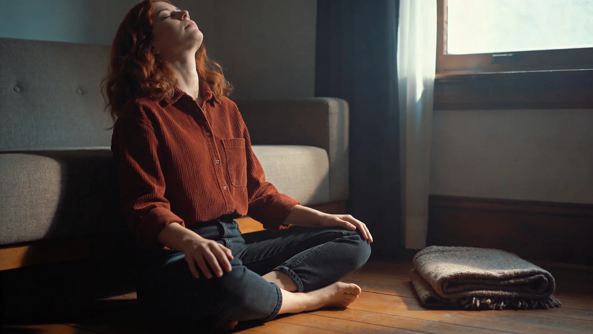 Repressed emotions — seated cross-legged on the floor against a couch, eyes closed, hands palm-down on thighs