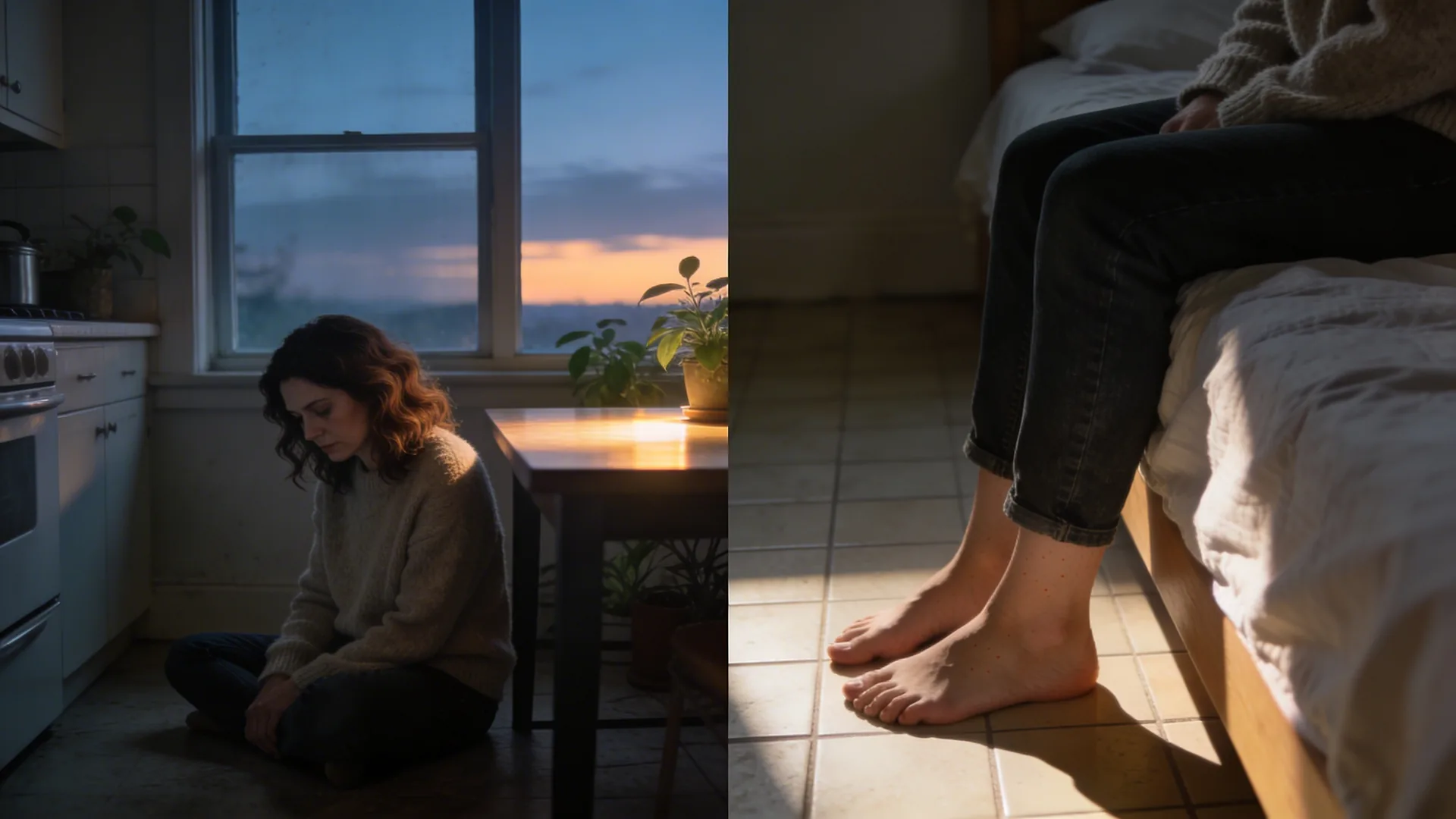 Woman sitting on bed edge with feet on tile floor in morning light exploring safe space meaning