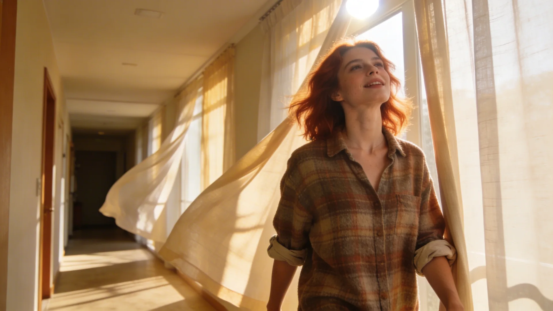 Woman drawing back a curtain in a hallway with throat and neck visible releasing the borrowed voice of self-criticism