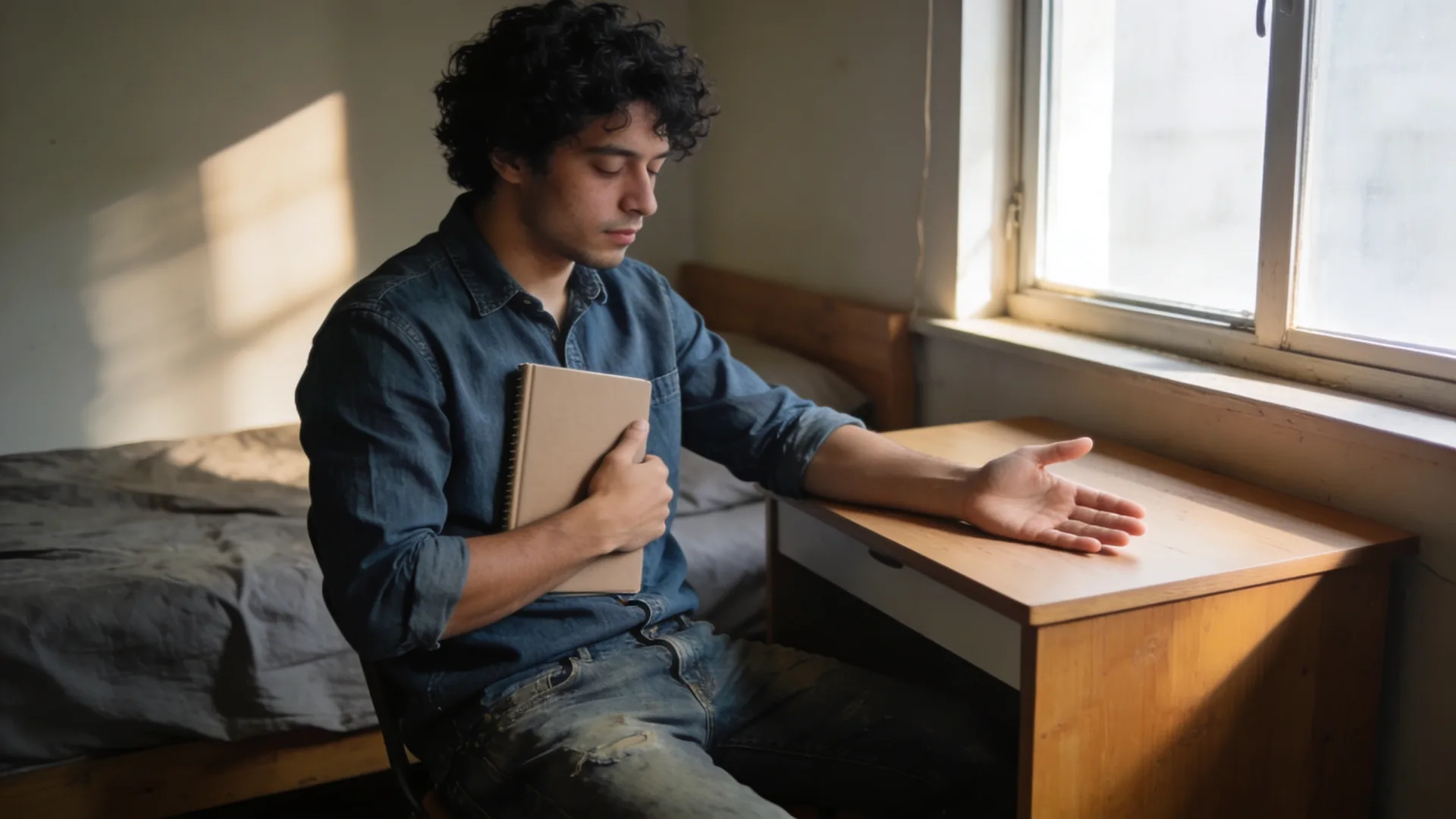 Self confidence quotes — seated at a bedroom desk, one hand open on the wood, closed notebook held against the chest, self confidence
