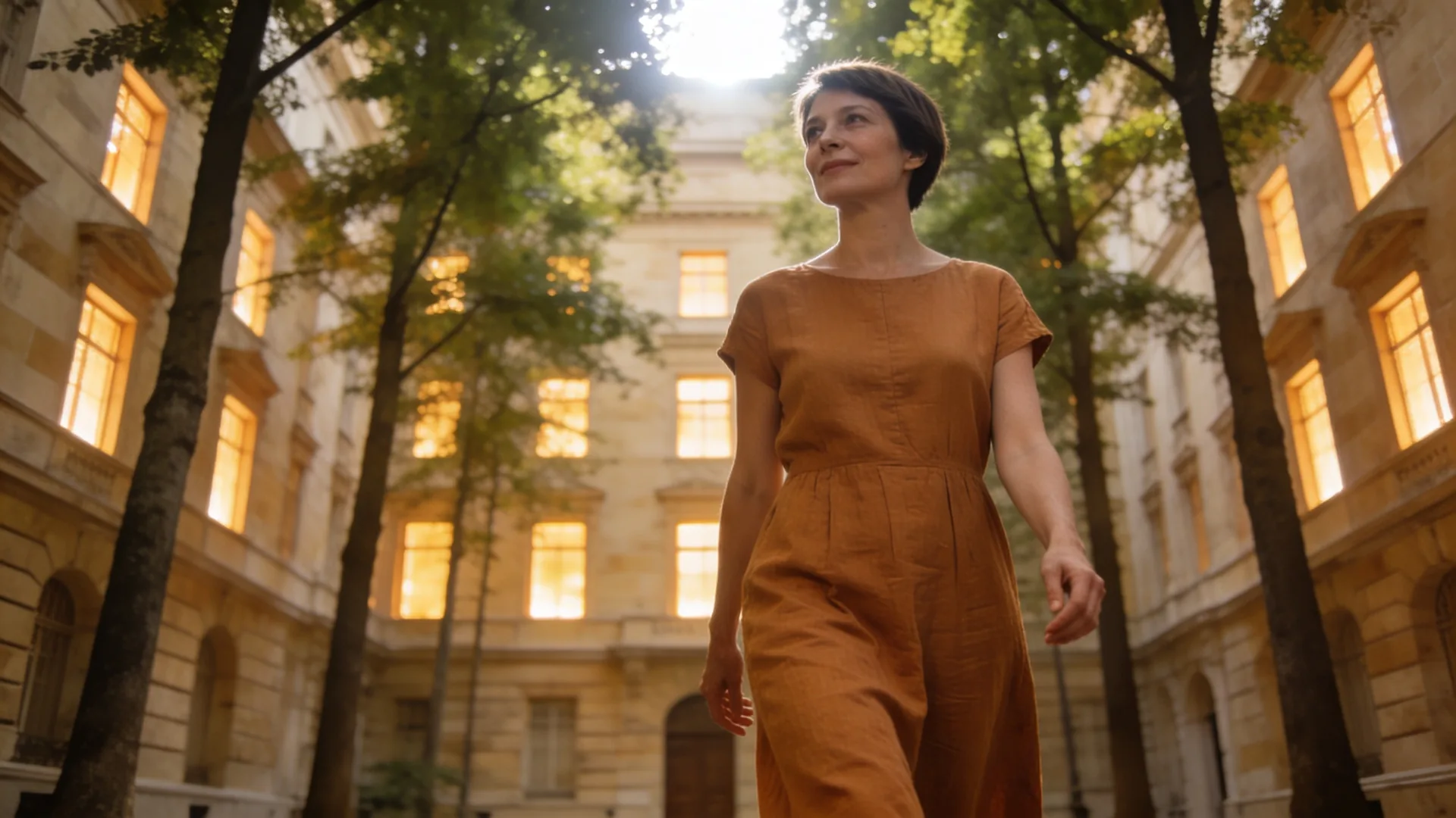 Woman standing at open balcony door in profile, confidence as a trust signal returning to the body