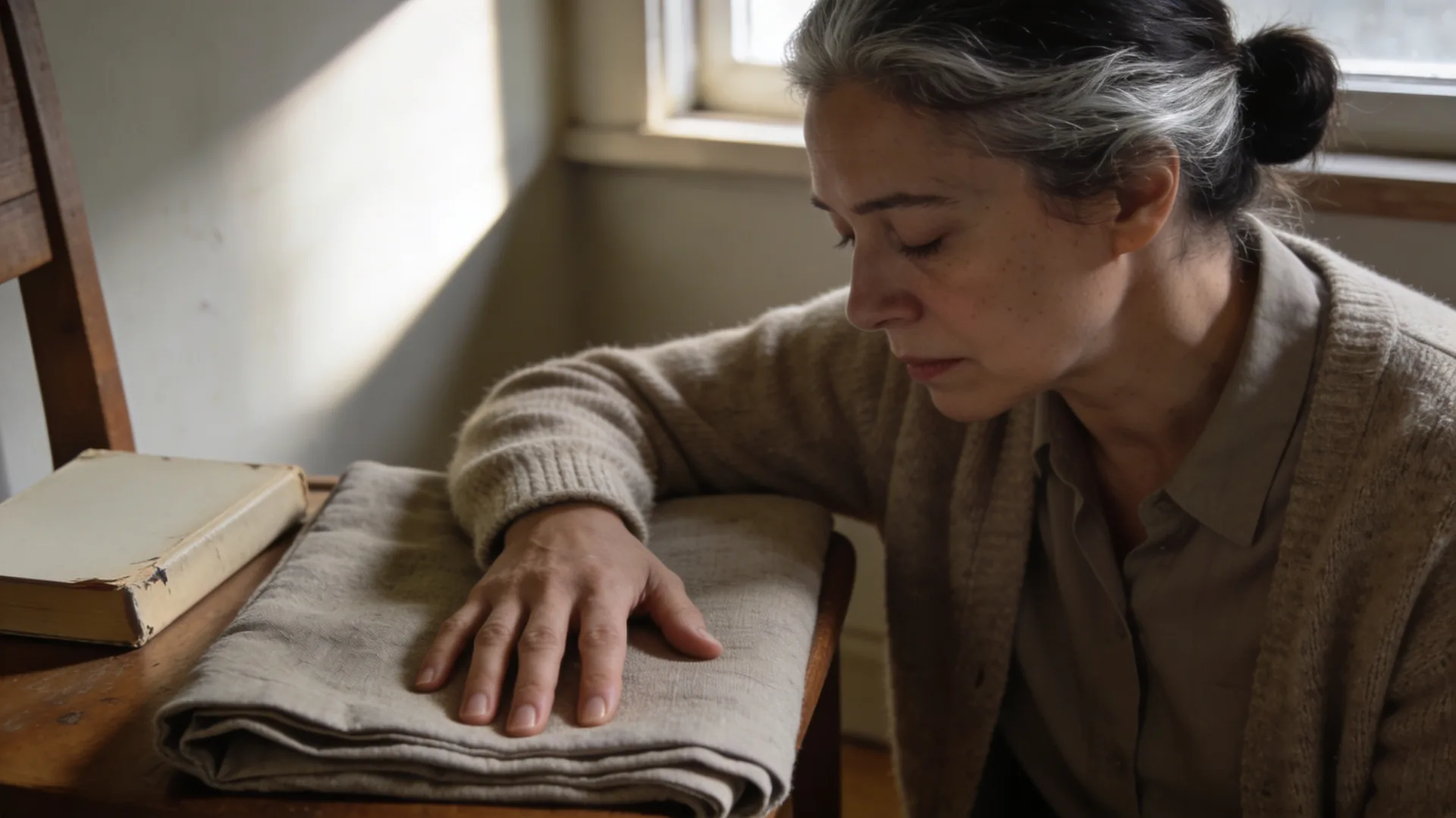 Self sabotage — close-up of one hand resting on a folded fabric chair cover, fingers curled inward