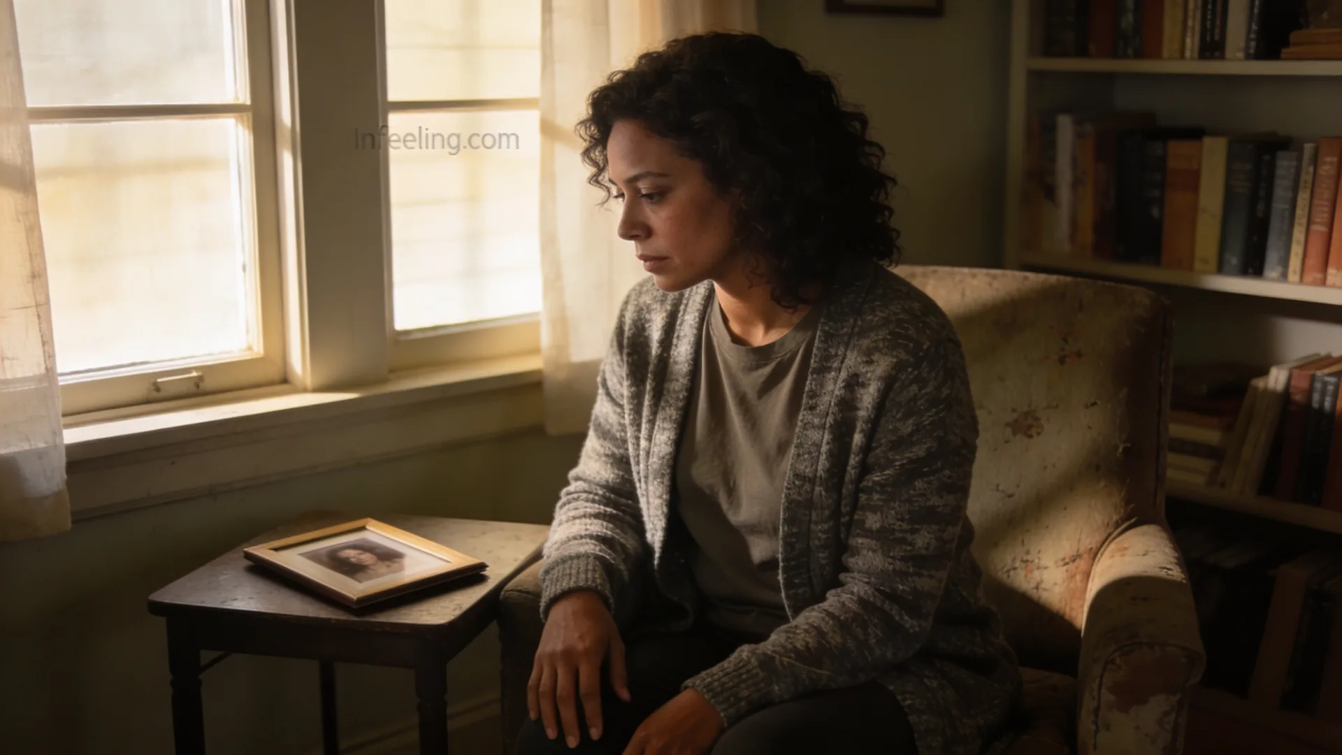 Seven stages of grief — seated on a worn armchair next to a face-down photograph, hands open in the lap