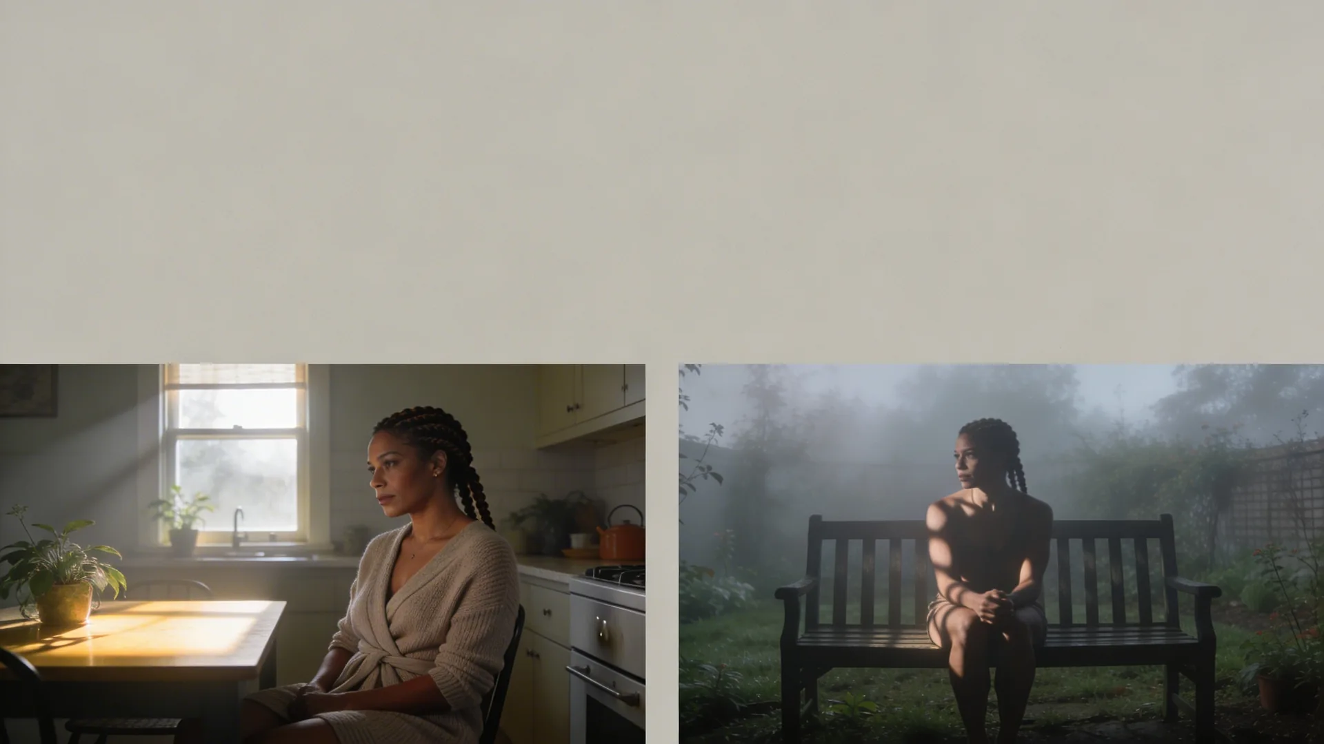 Woman sitting on garden bench in misty morning light, body holding tension, exploring shadow work prompts