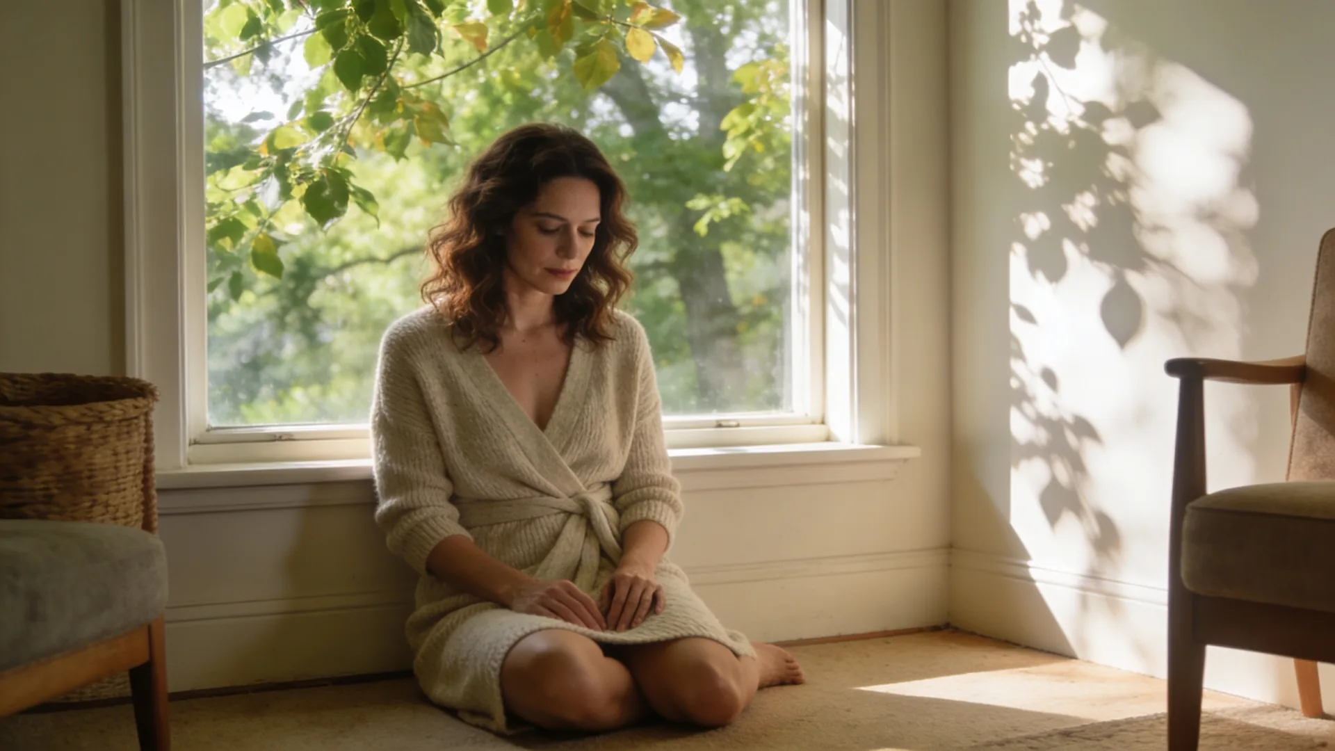 Woman pausing at a doorway threshold in soft natural light, building a container strong enough for truth