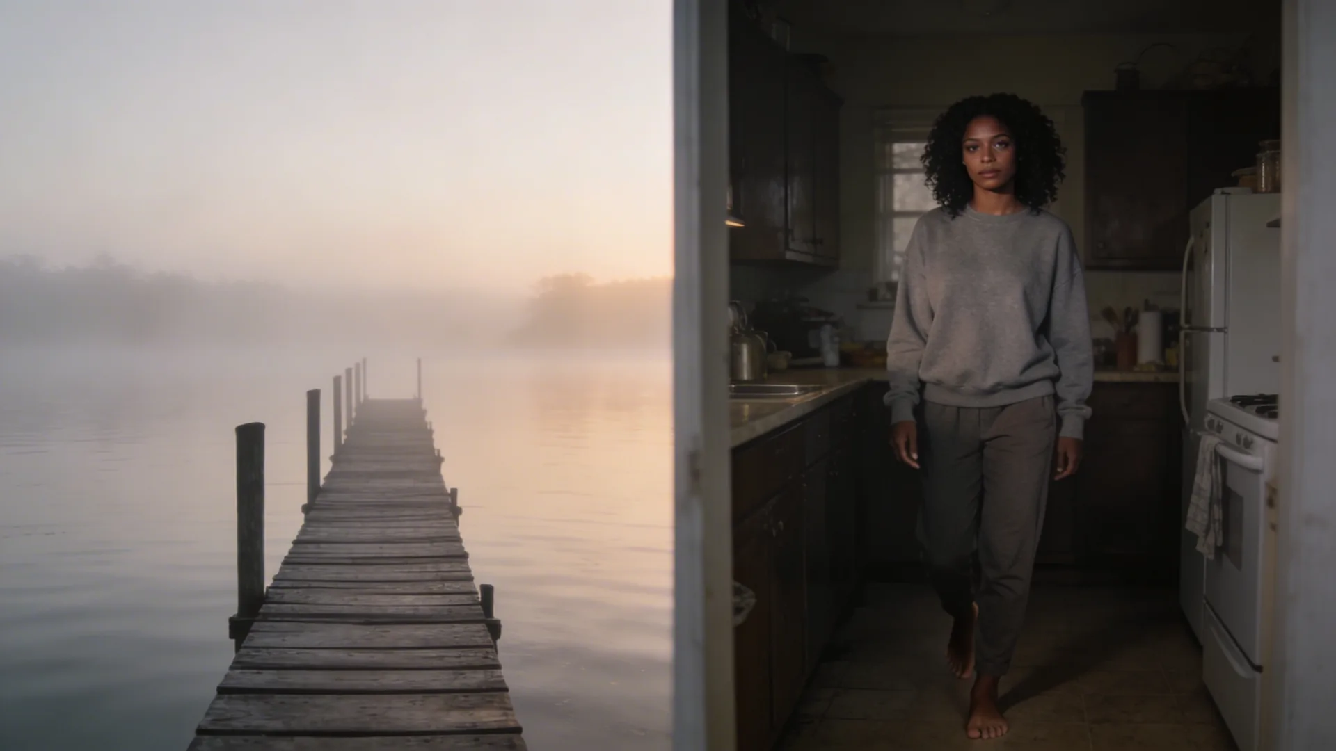 Woman standing barefoot in dim kitchen at dawn showing signs of childhood trauma through quiet inward pause