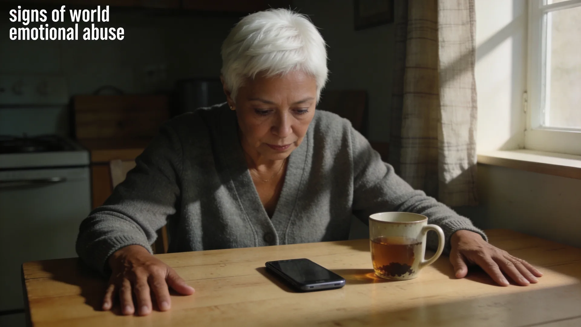 Signs of emotional abuse — seated at a kitchen table with a phone face-down next to a half-finished mug