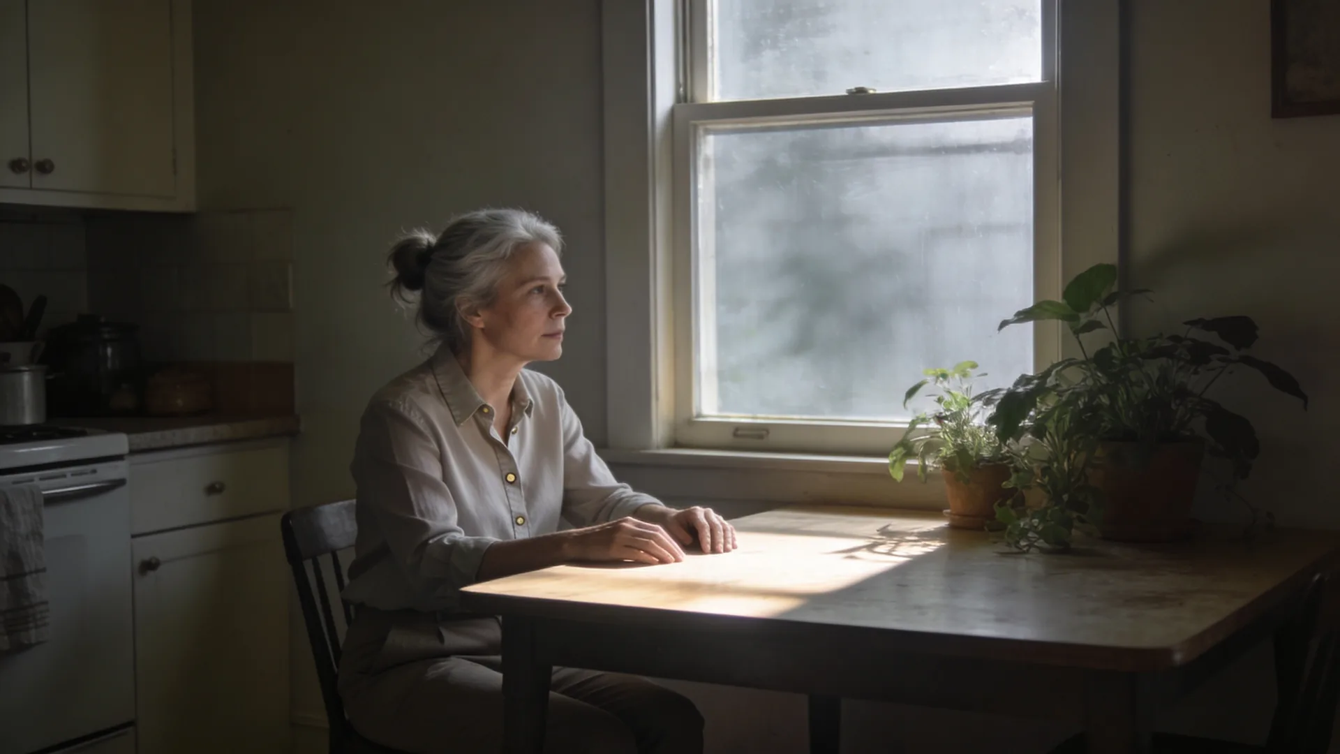 Woman sitting on bed edge at dawn after signs of spiritual awakening dreams with hand on chest