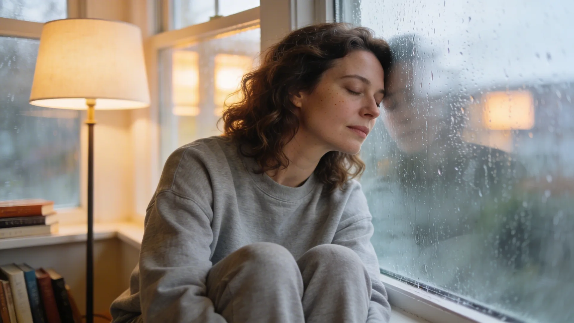 Person leaning forehead against rain-streaked window processing disorienting spiritual awakening dreams