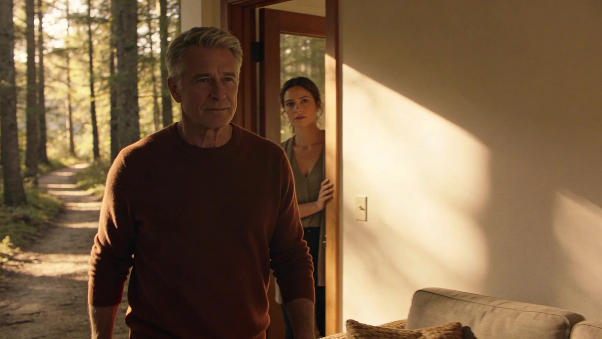 Man pausing in doorway between dim hallway and sunlit room showing what changes after emotional clarity practice