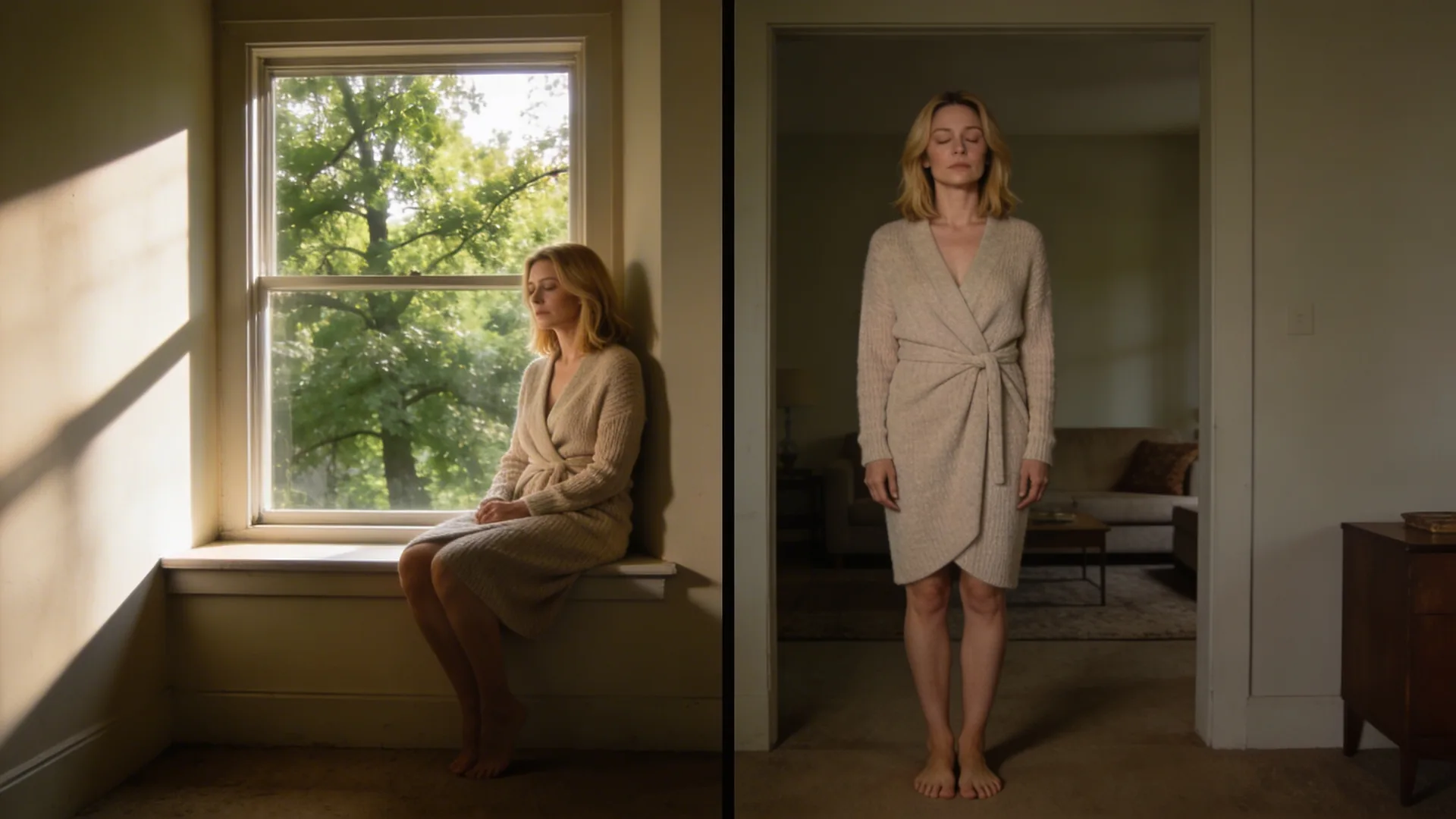 Woman standing barefoot in a quiet living room with eyes closed, experiencing self doubt as body tension in soft morning light