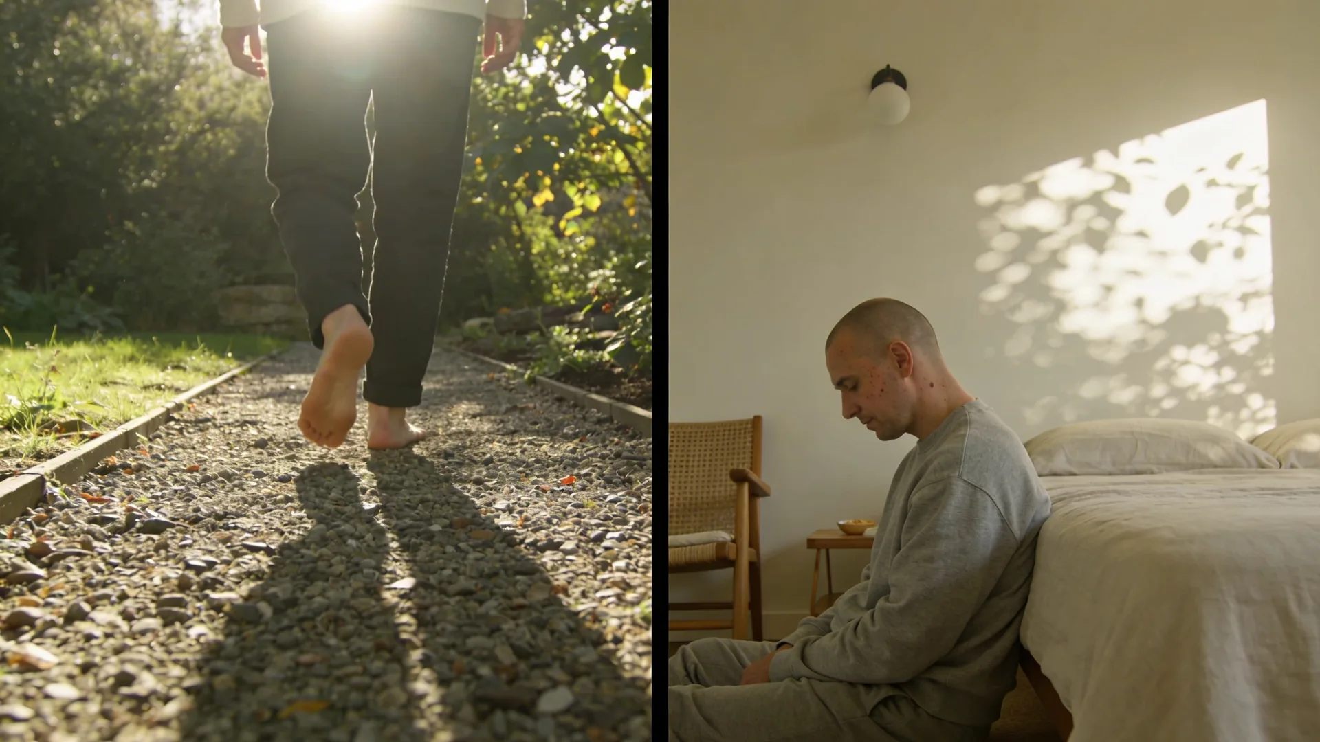 Person walking barefoot on a gravel garden path in morning light embodying the felt sense in somatic eating