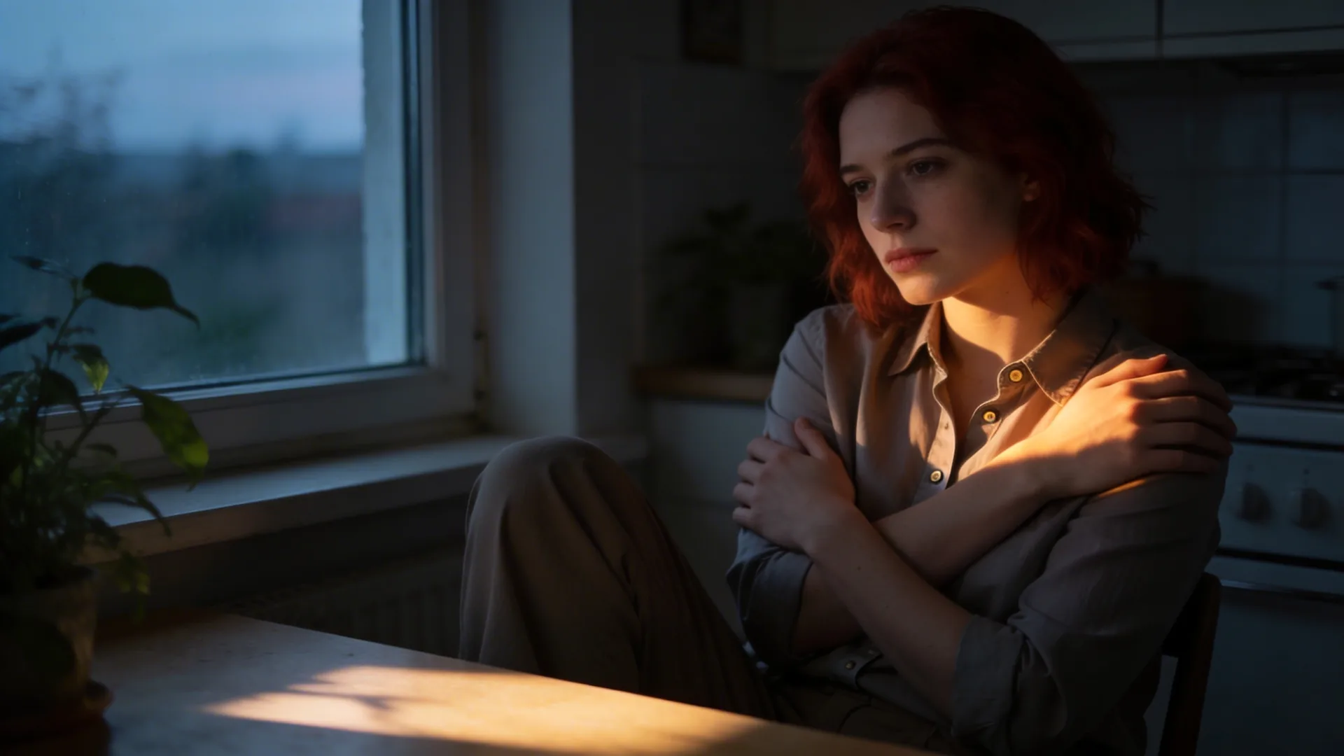 Woman bracing her body in a quiet kitchen at dusk, illustrating somatic exercises for nervous system starting point