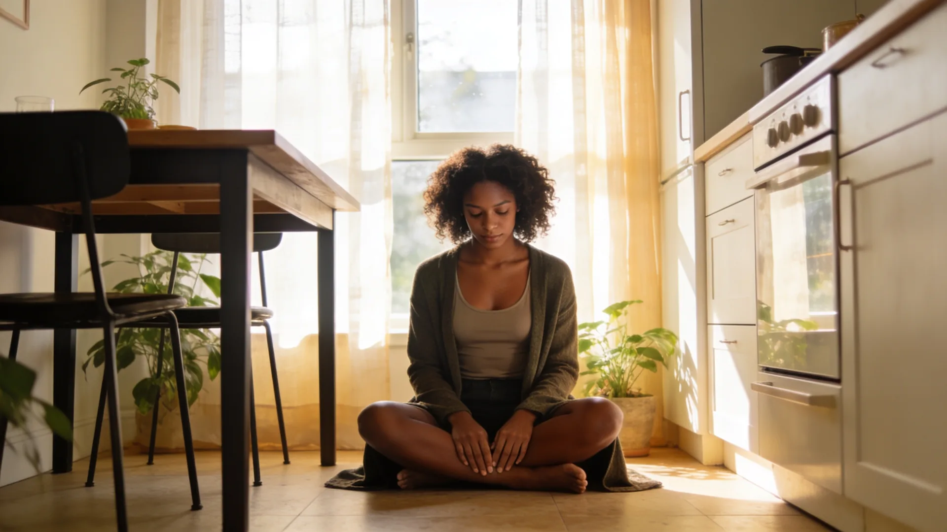 Woman sitting on couch gazing inward near window, reflecting why hips stay tight after years of inner work
