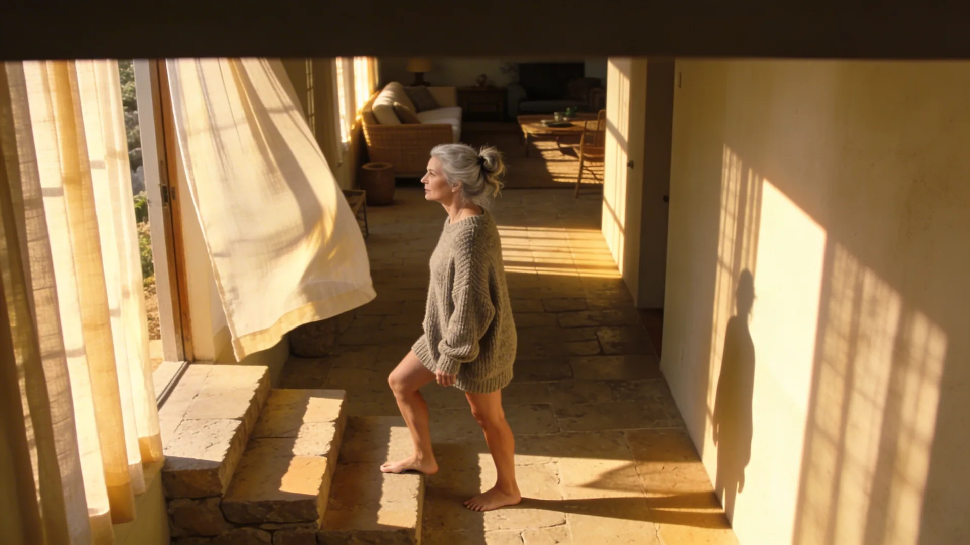 Woman paused on stone steps between shadow and light illustrating why understanding triggers doesn't calm the body