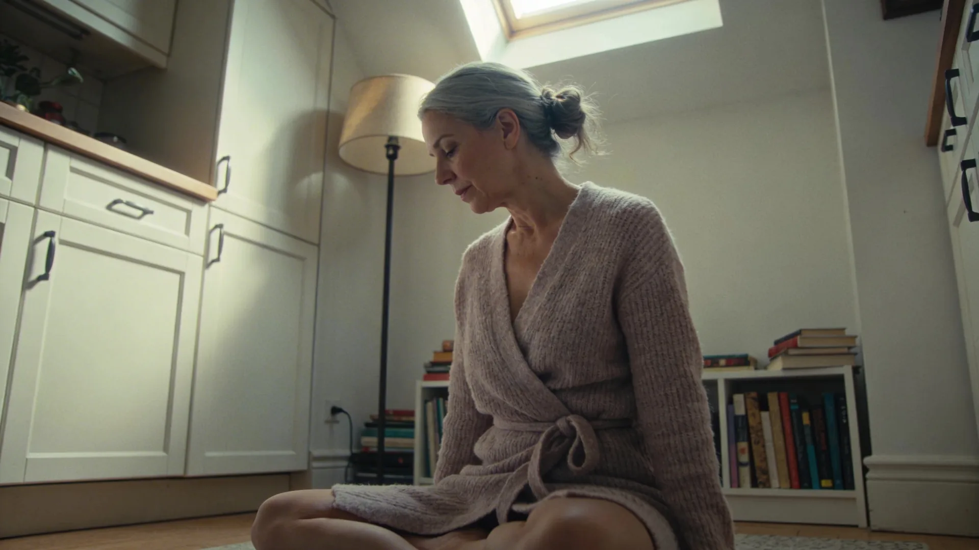 Man pausing mid-breath in a sunlit kitchen, grounding before somatic release breathwork practice