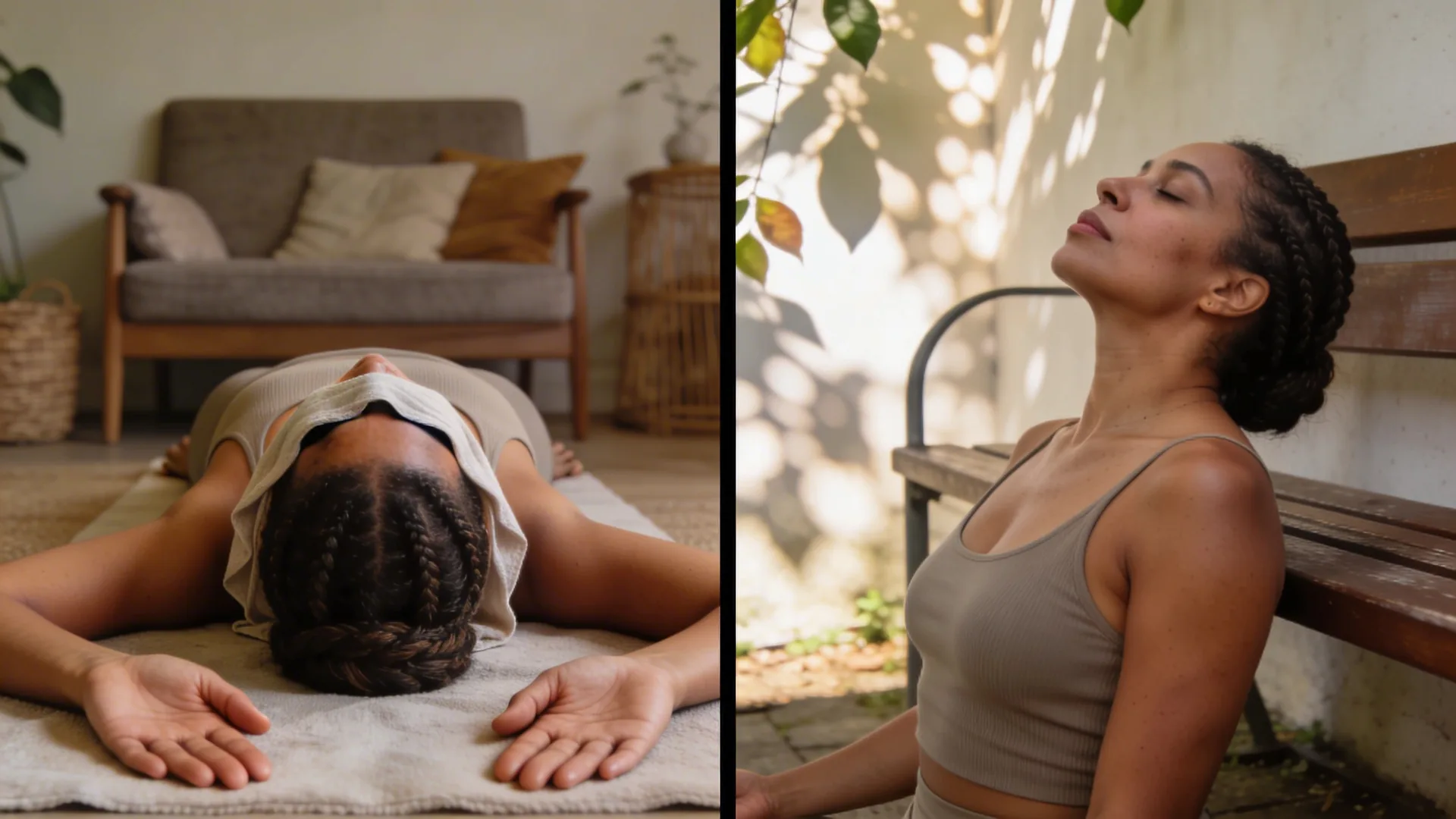 Woman breathing slowly on an outdoor bench, chest expanded during somatic release breathwork moment
